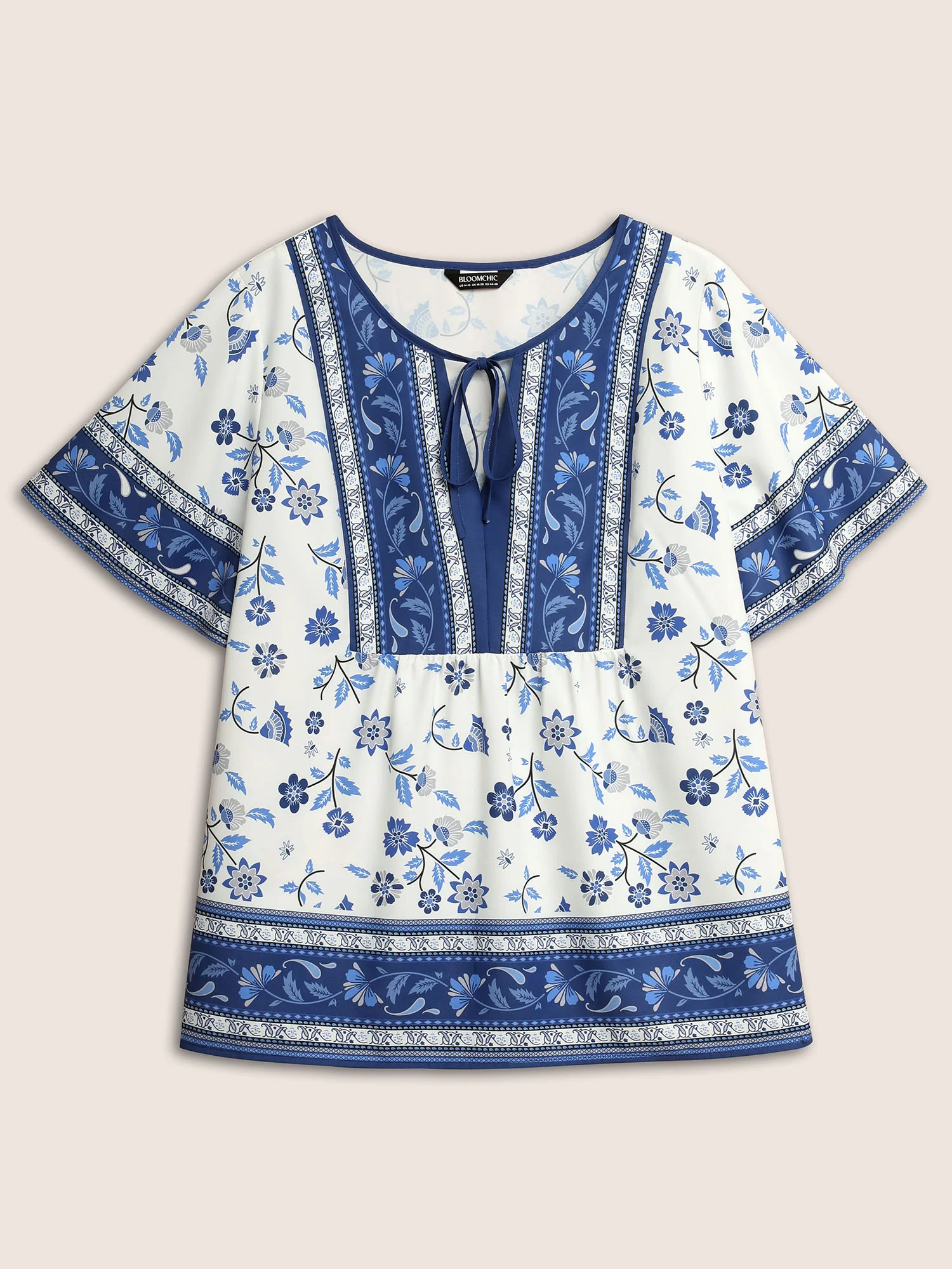 Boho Print Tie Knot Ruffle Sleeve Blouse - Image 7