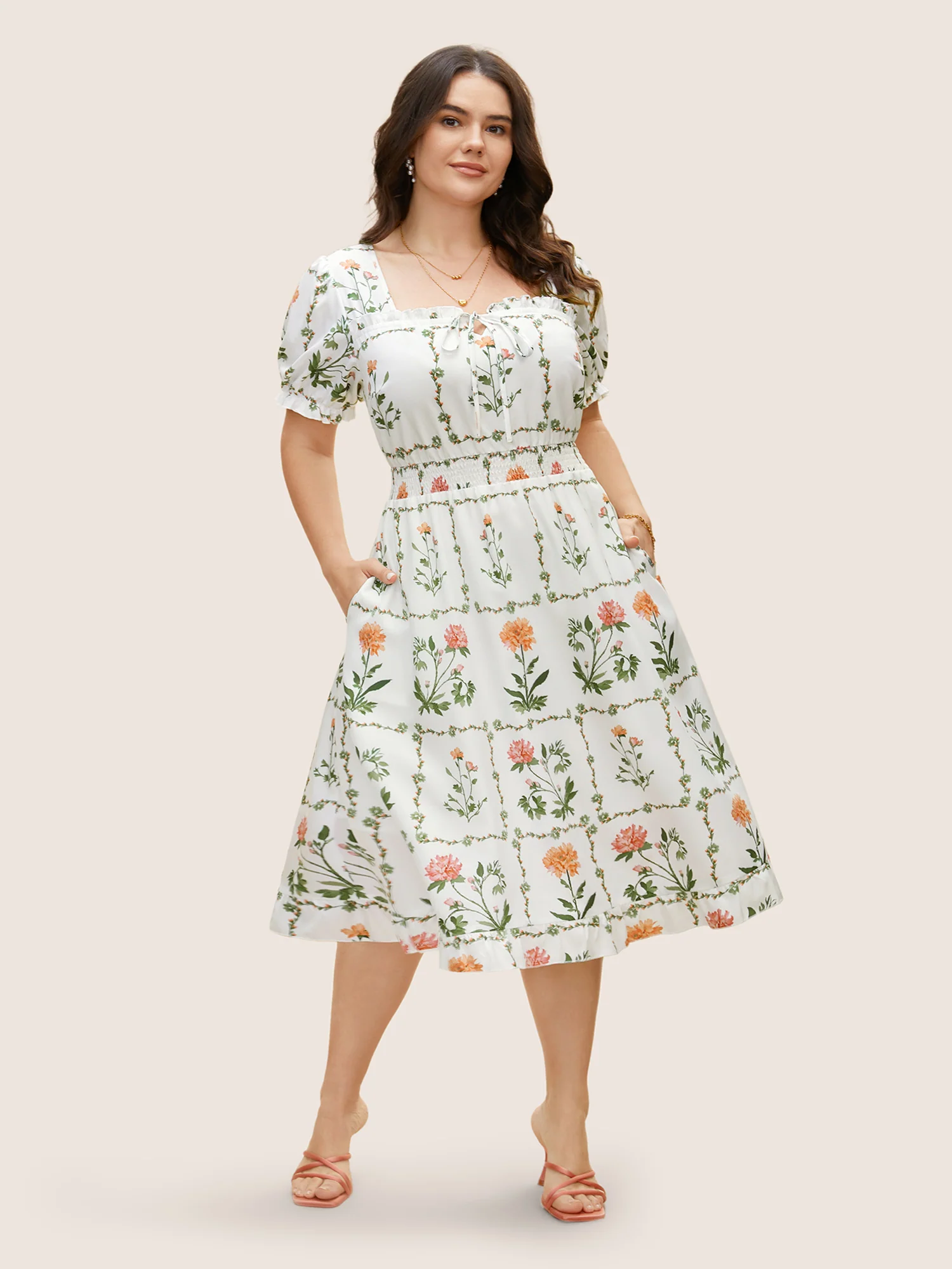 Boho Print Tie Knot Shirred Lantern Sleeve Dress - Image 3
