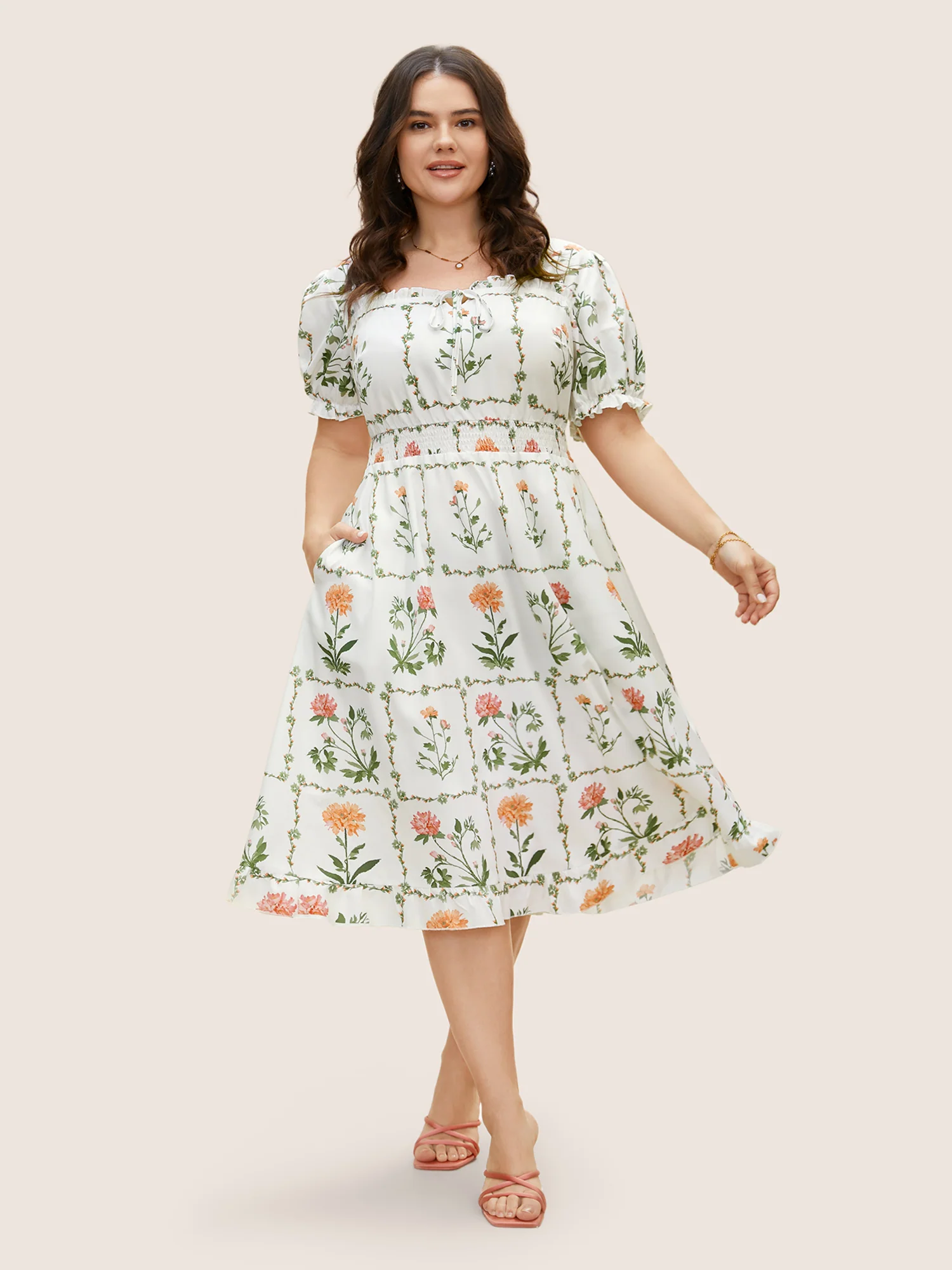 Boho Print Tie Knot Shirred Lantern Sleeve Dress - Image 4