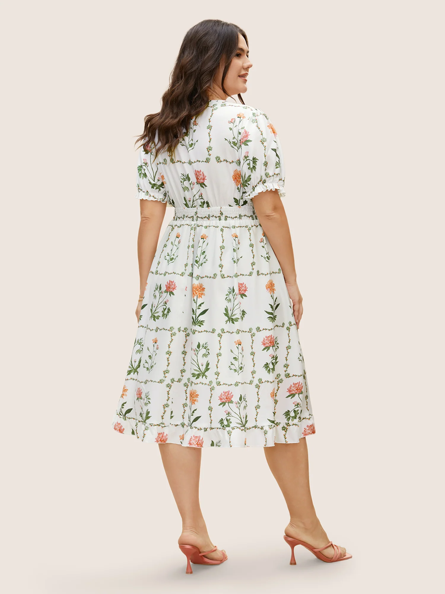 Boho Print Tie Knot Shirred Lantern Sleeve Dress - Image 5