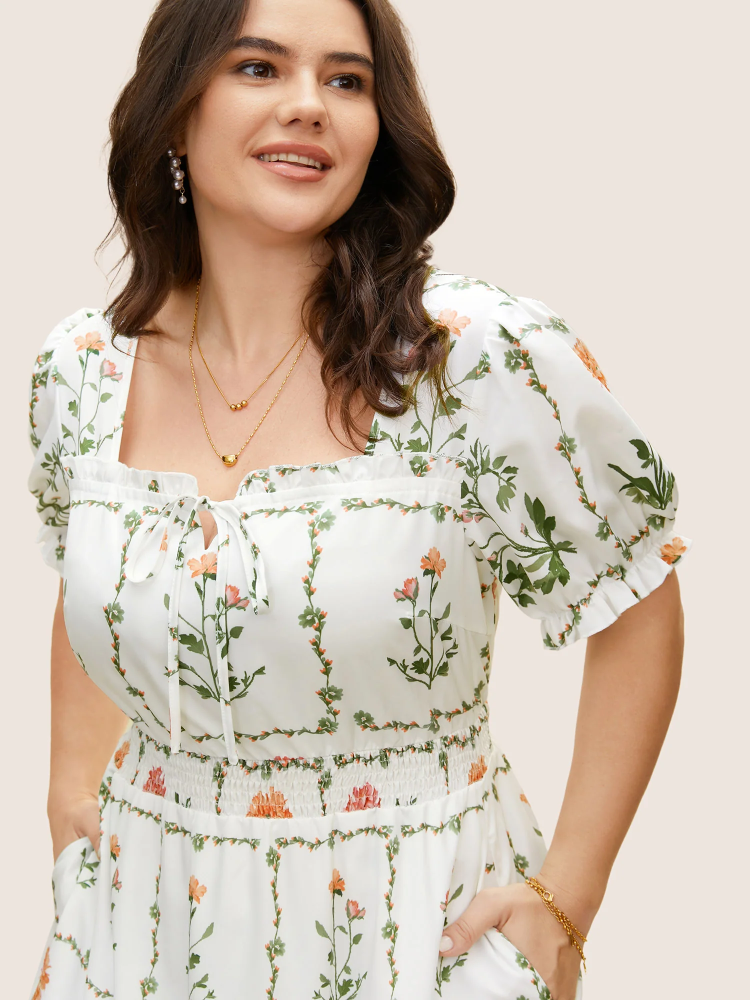 Boho Print Tie Knot Shirred Lantern Sleeve Dress - Image 6