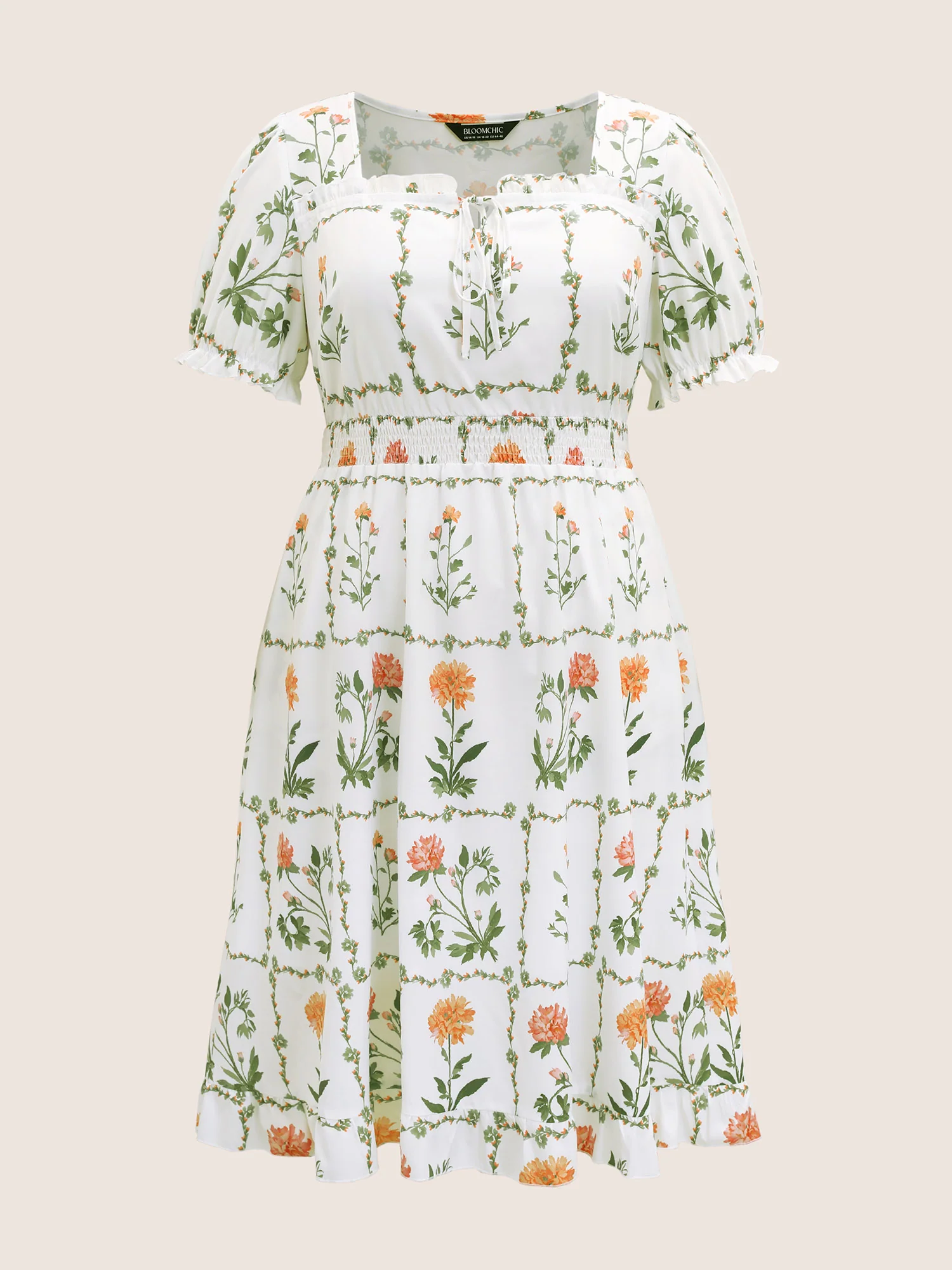 Boho Print Tie Knot Shirred Lantern Sleeve Dress - Image 9