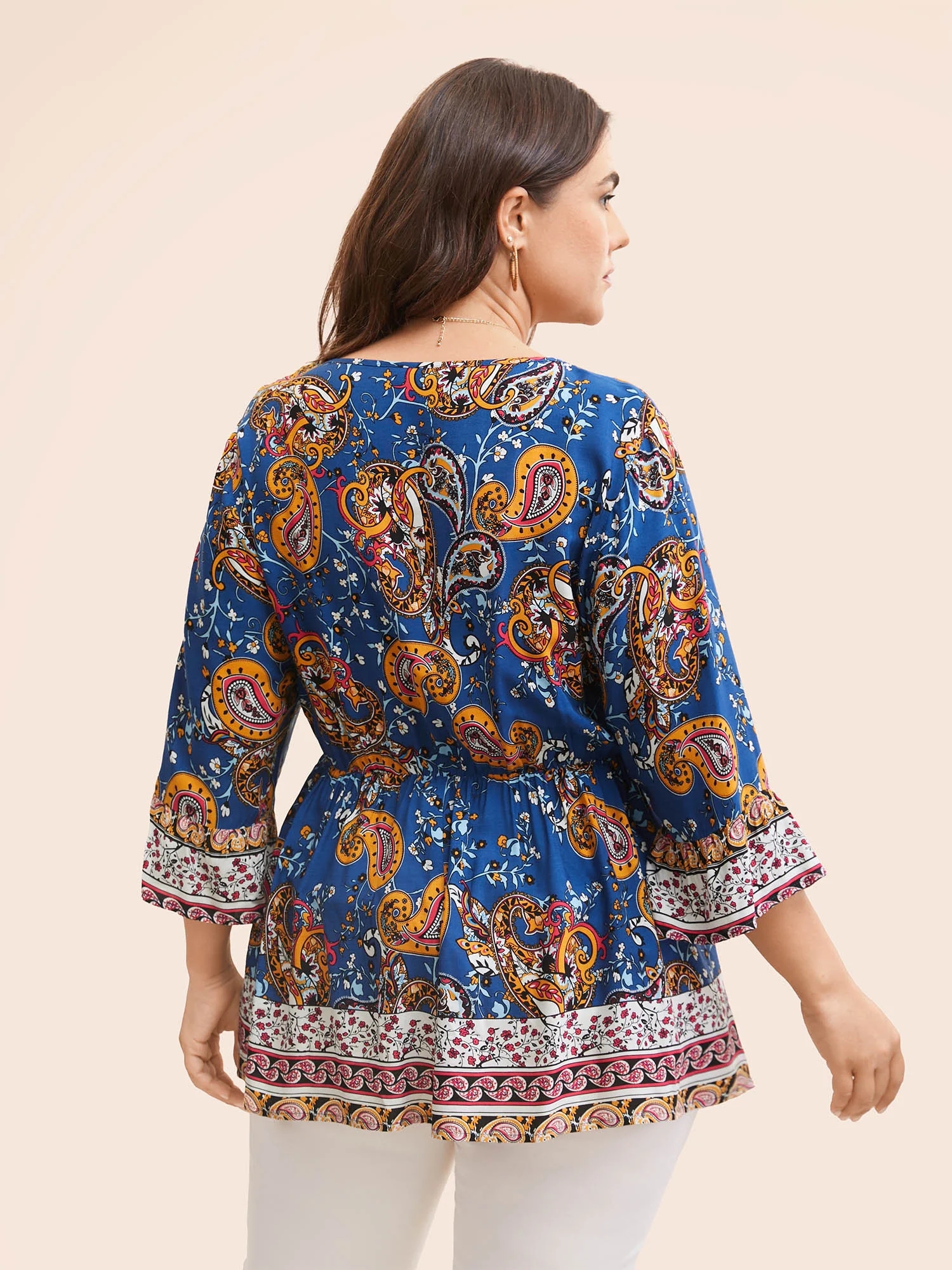 Boho Print Tie Knot Tassels Crisscross Blouse - Image 10