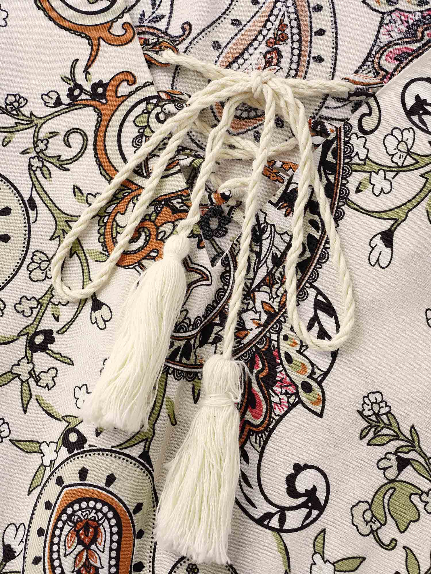 Boho Print Tie Knot Tassels Crisscross Blouse - Image 5