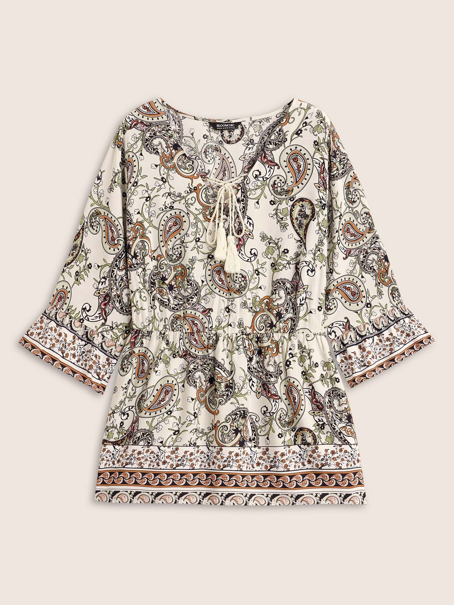 Boho Print Tie Knot Tassels Crisscross Blouse - Image 7