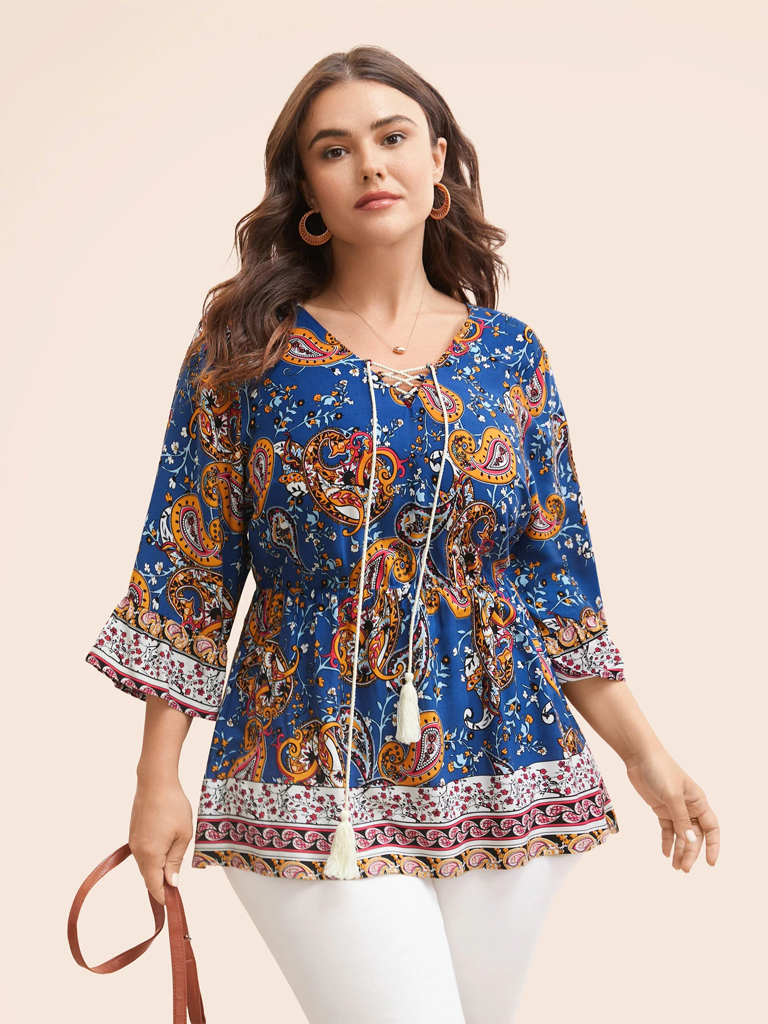 Boho Print Tie Knot Tassels Crisscross Blouse - Image 8