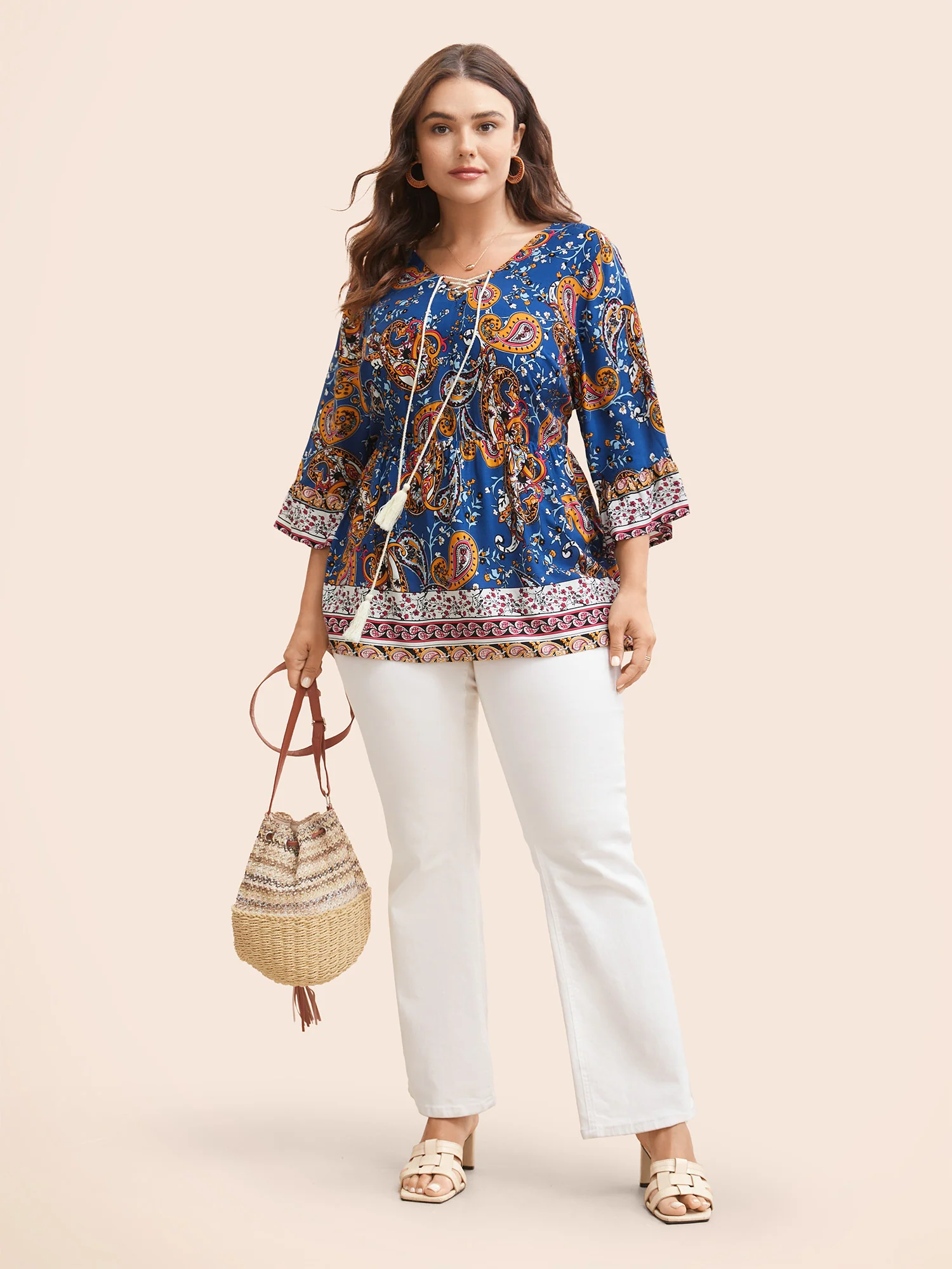 Boho Print Tie Knot Tassels Crisscross Blouse - Image 9
