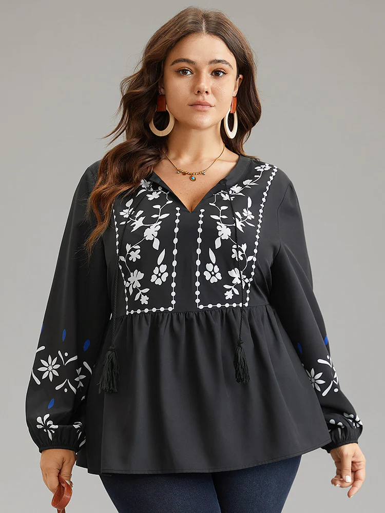 Boho Print Tie Neck Elastic Waist Tassels Blouse