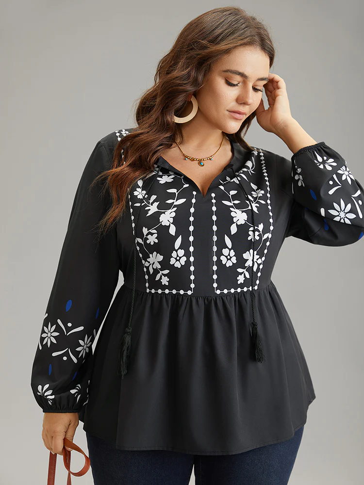 Boho Print Tie Neck Elastic Waist Tassels Blouse - Image 2