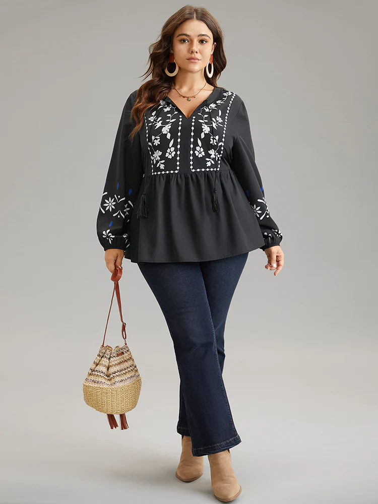 Boho Print Tie Neck Elastic Waist Tassels Blouse - Image 4