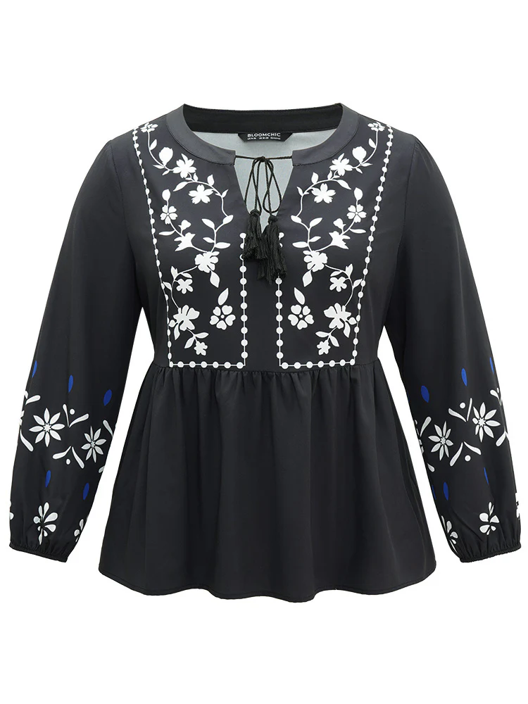 Boho Print Tie Neck Elastic Waist Tassels Blouse - Image 6