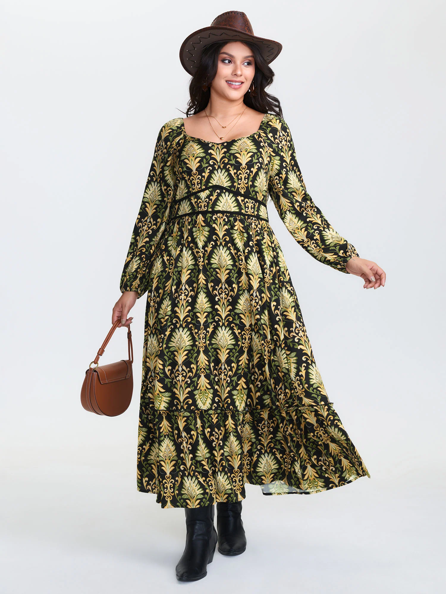 Boho Print Triangular Waist Shirred Maxi Dress - Image 2