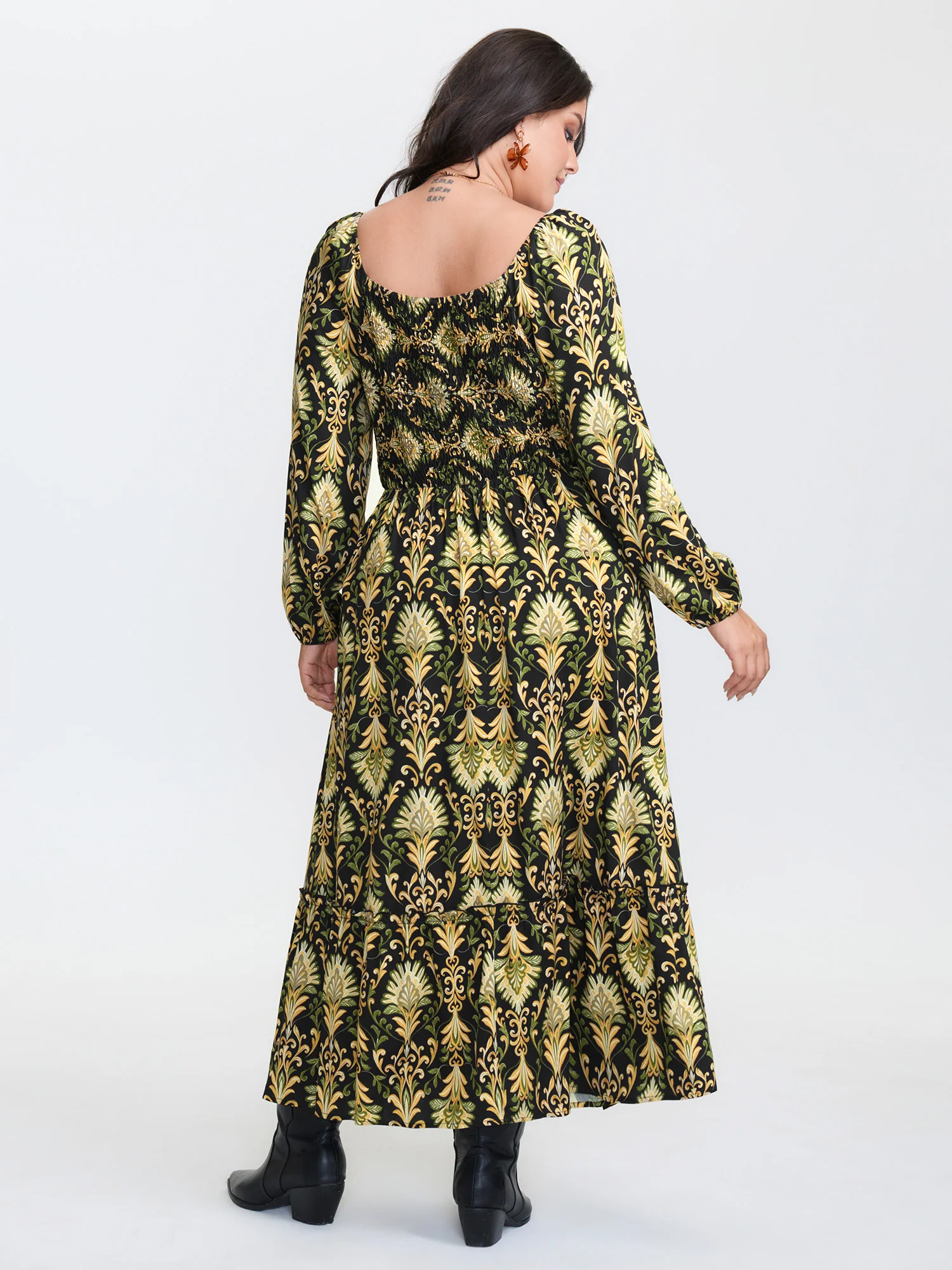 Boho Print Triangular Waist Shirred Maxi Dress - Image 4