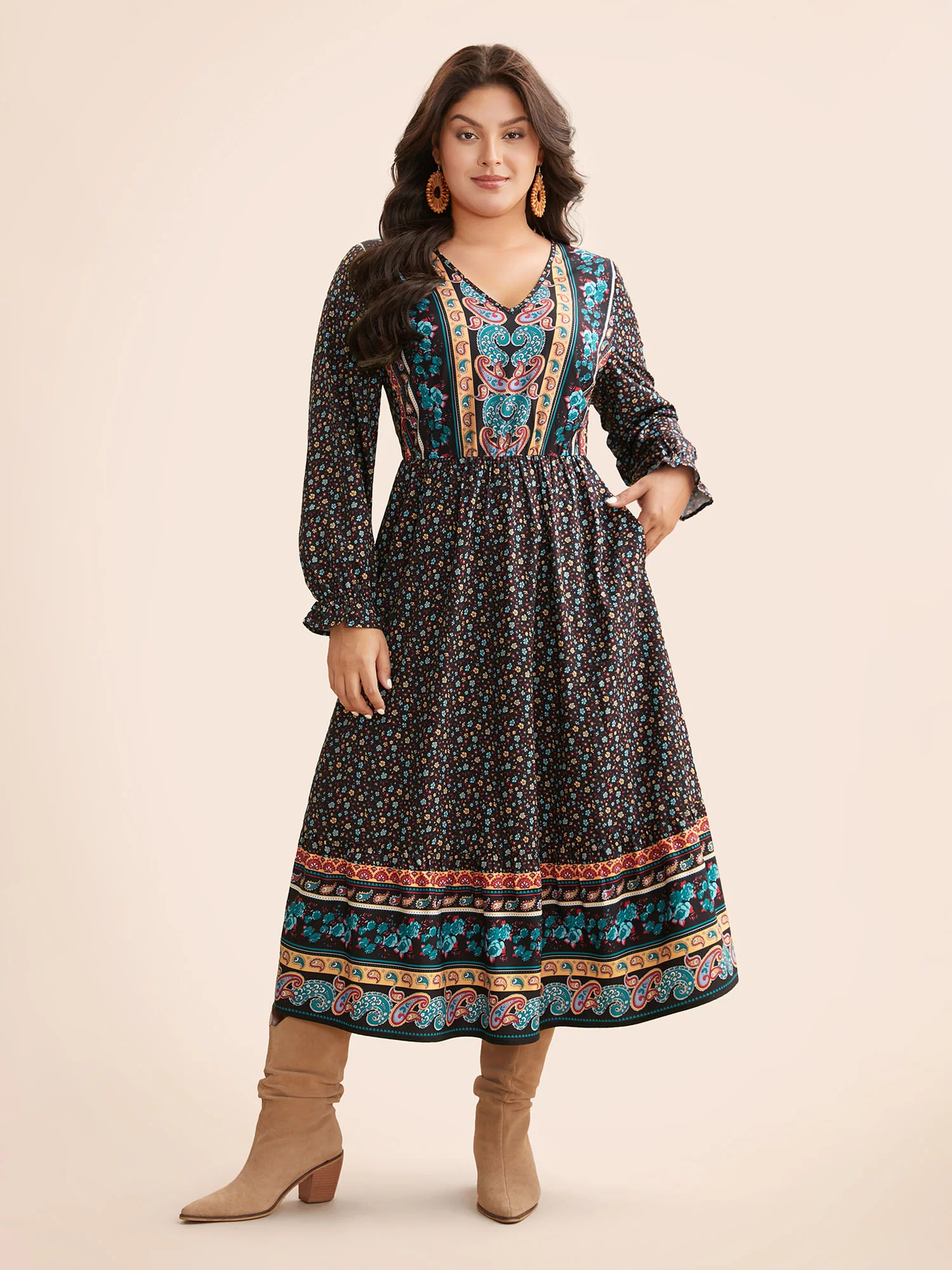 Boho Print V Neck Elastic Waist Dress - Image 2
