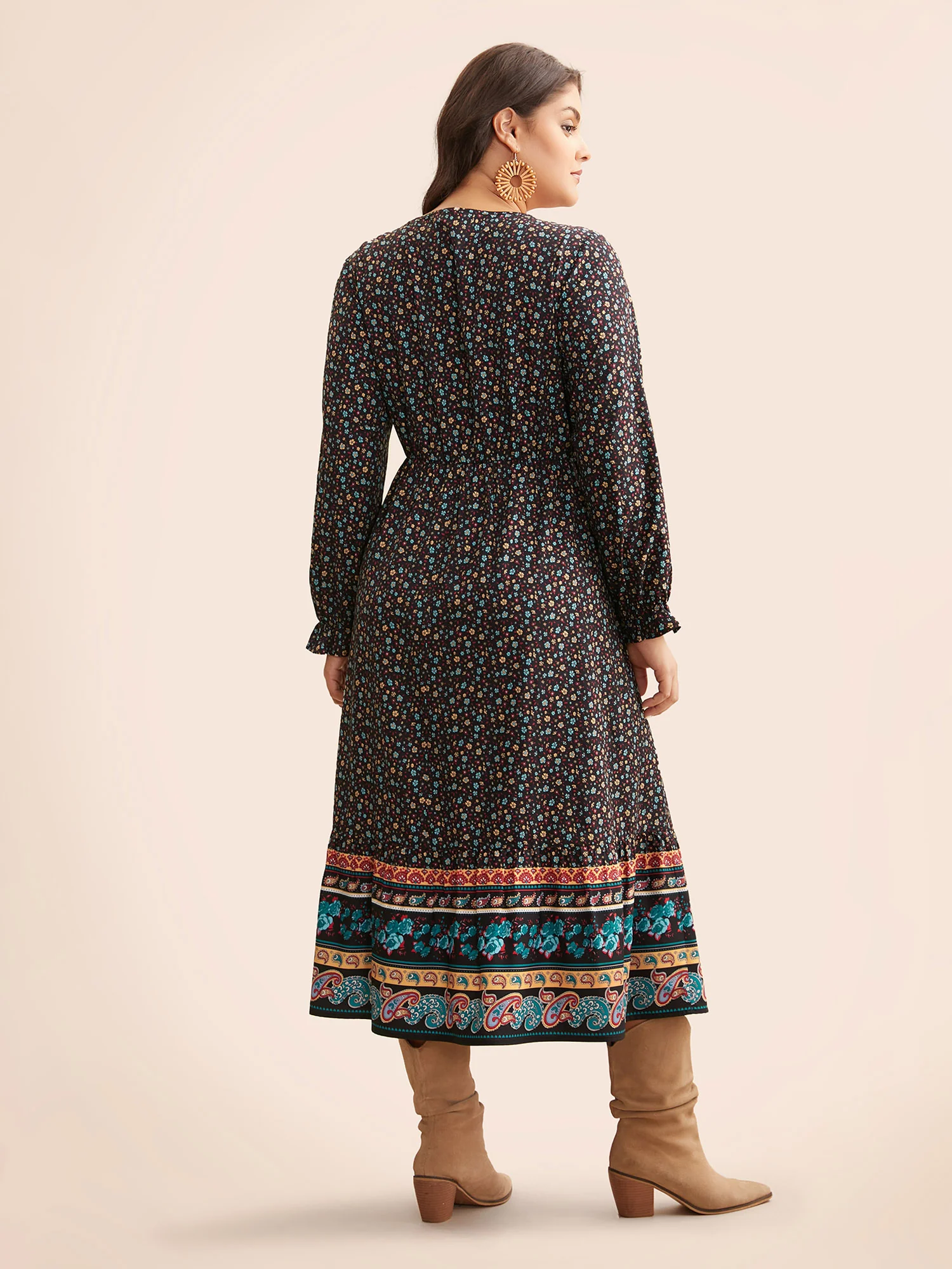 Boho Print V Neck Elastic Waist Dress - Image 3