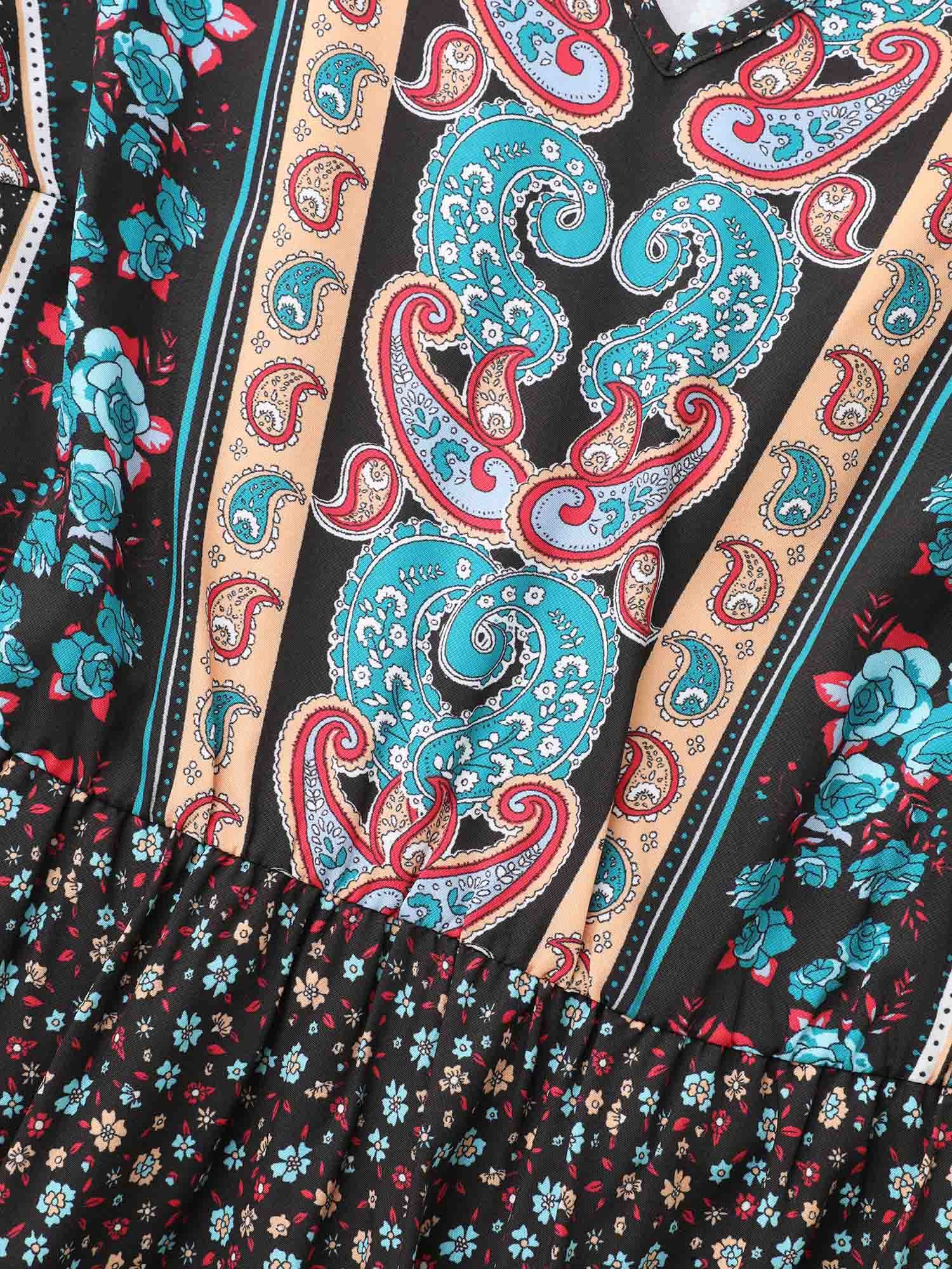 Boho Print V Neck Elastic Waist Dress - Image 5