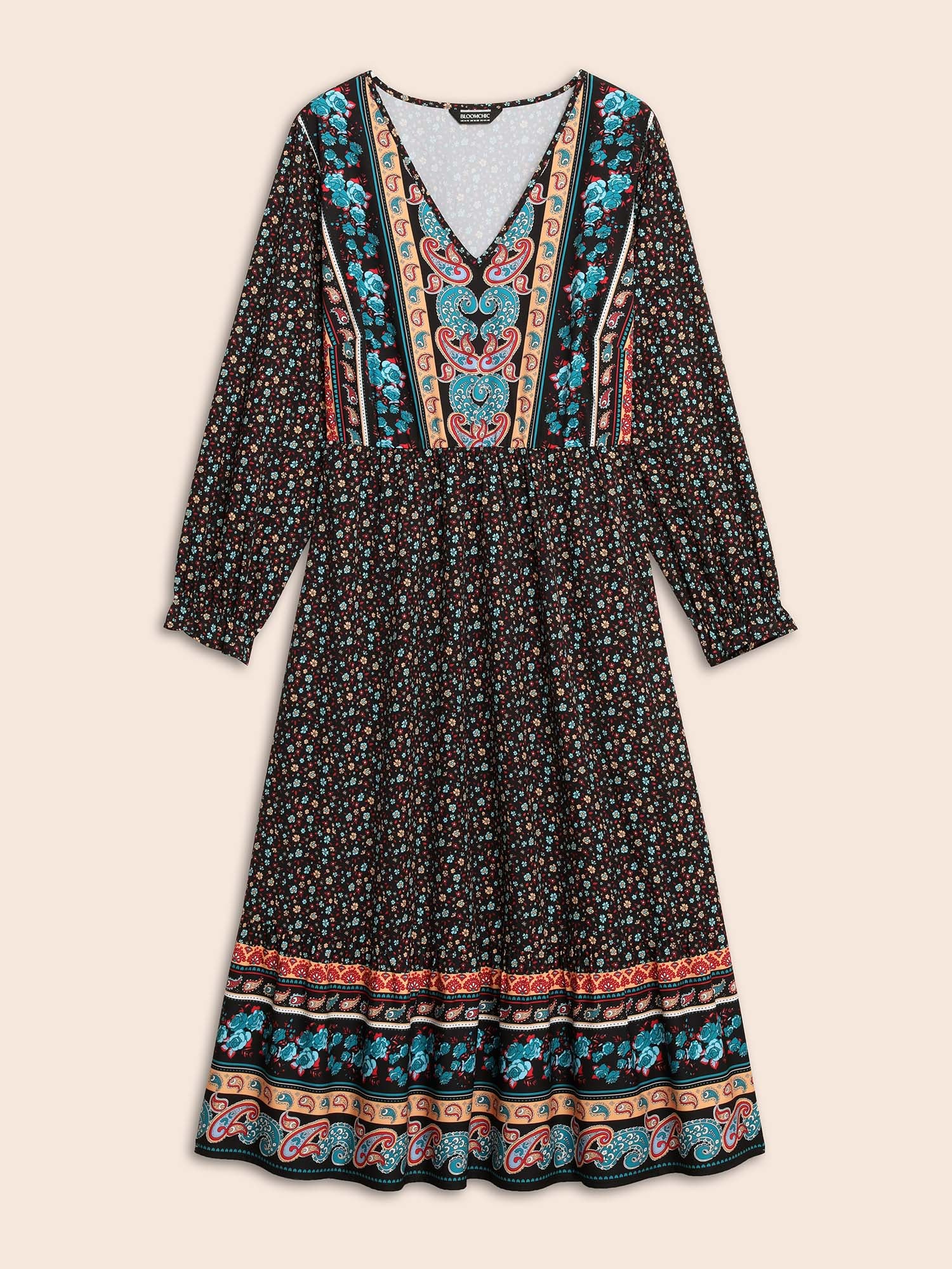Boho Print V Neck Elastic Waist Dress - Image 7