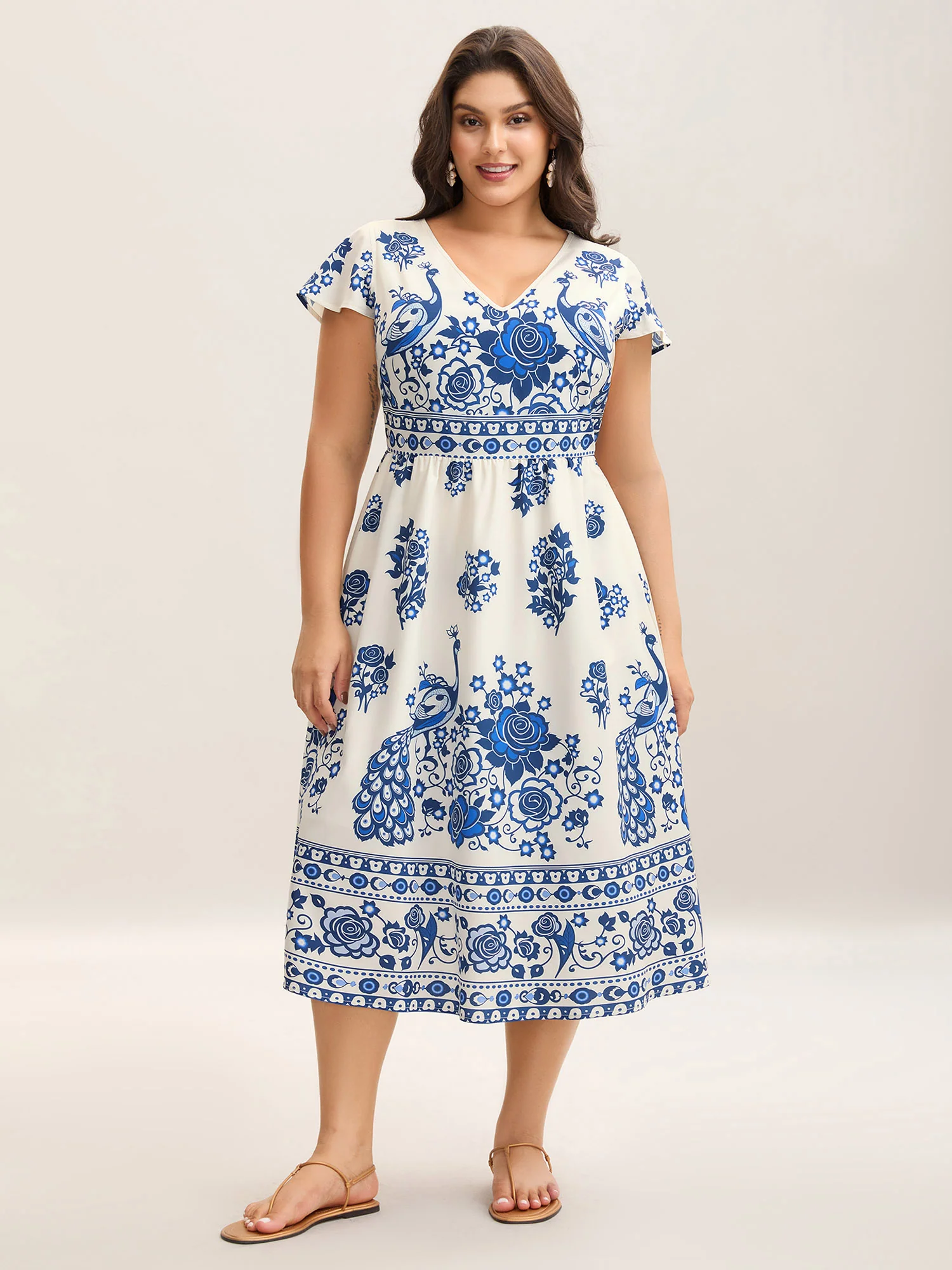 Boho Print V-Neck Pockets Midi Dress - Image 3