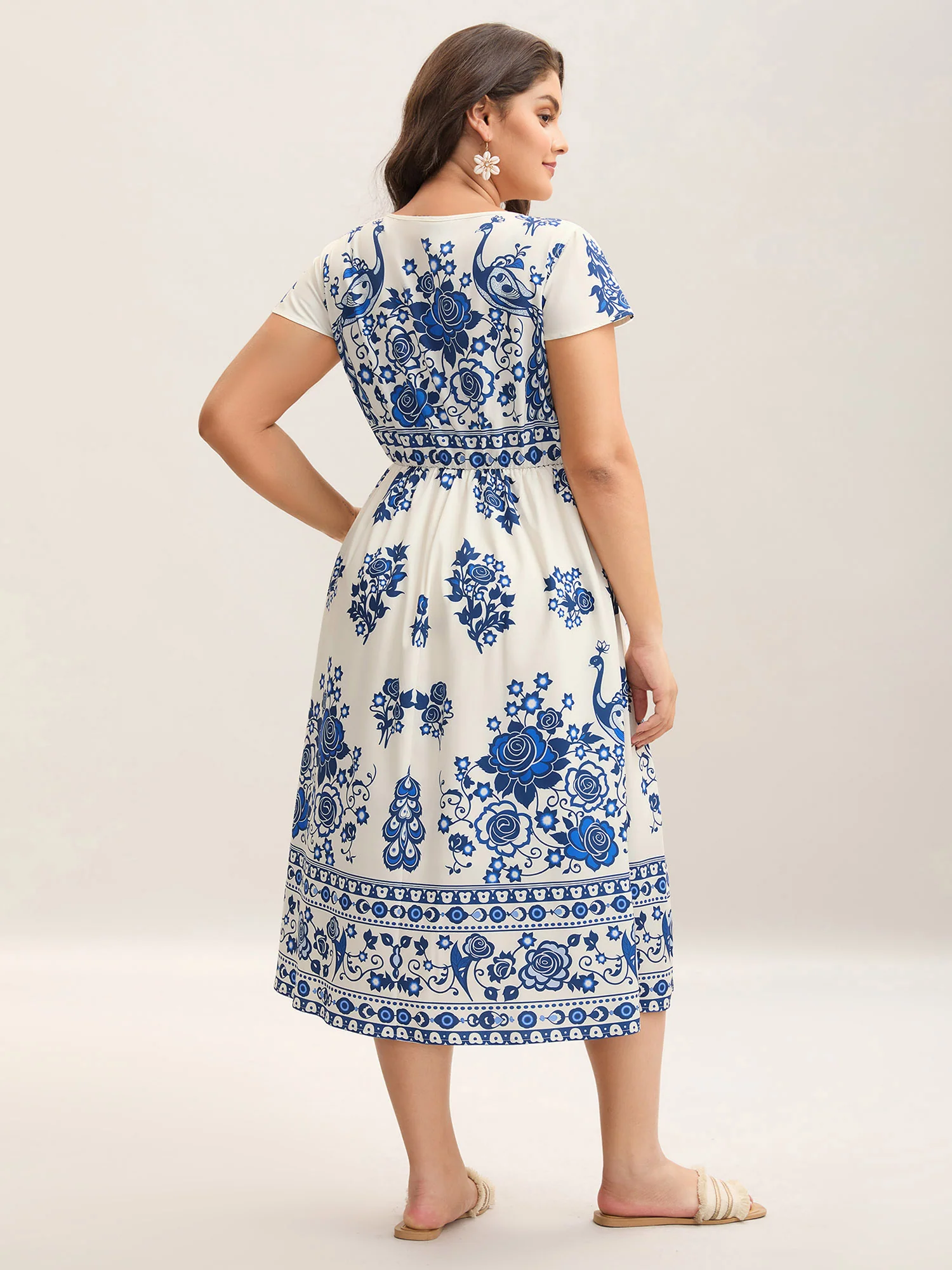 Boho Print V-Neck Pockets Midi Dress - Image 4