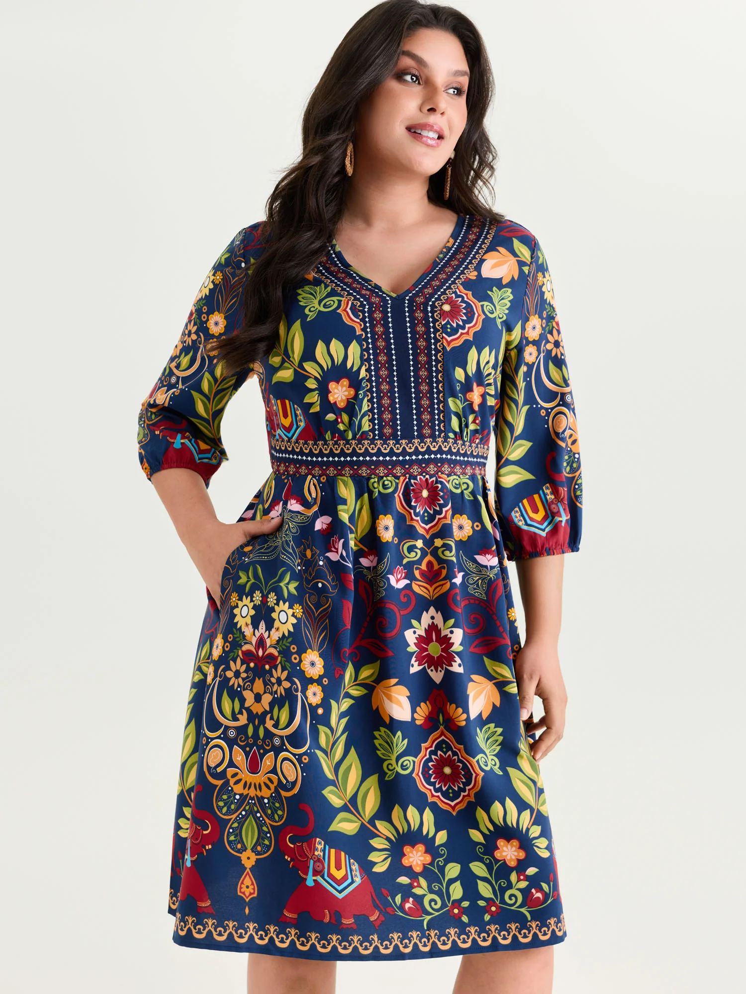 Boho Print V-Neck Pockets Mini Dress