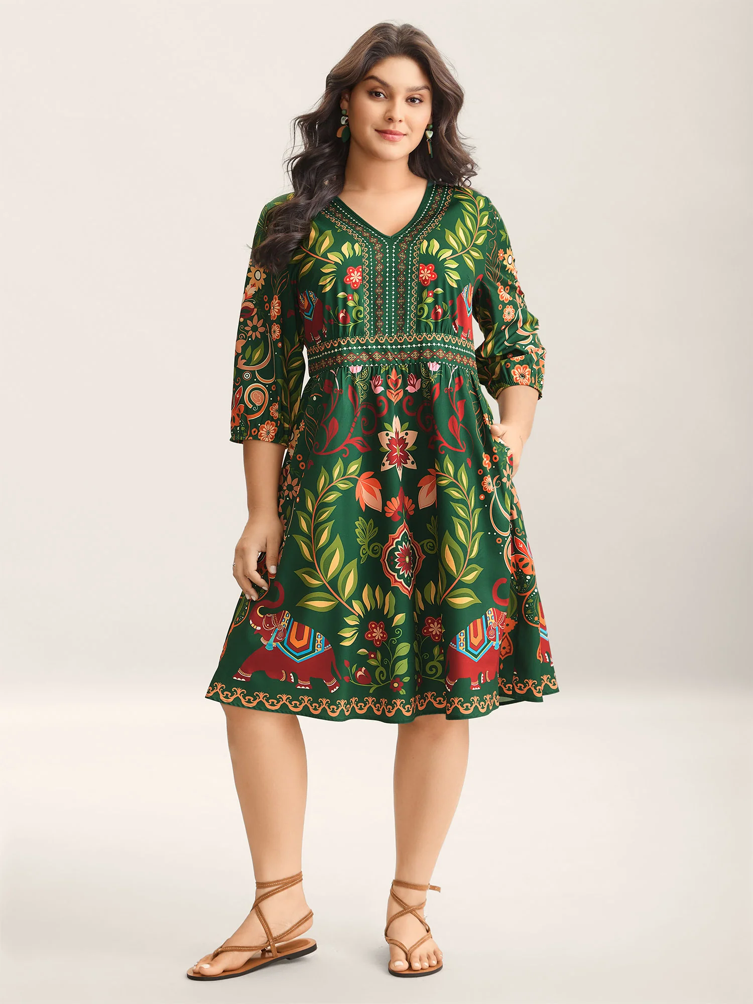 Boho Print V-Neck Pockets Mini Dress - Image 13