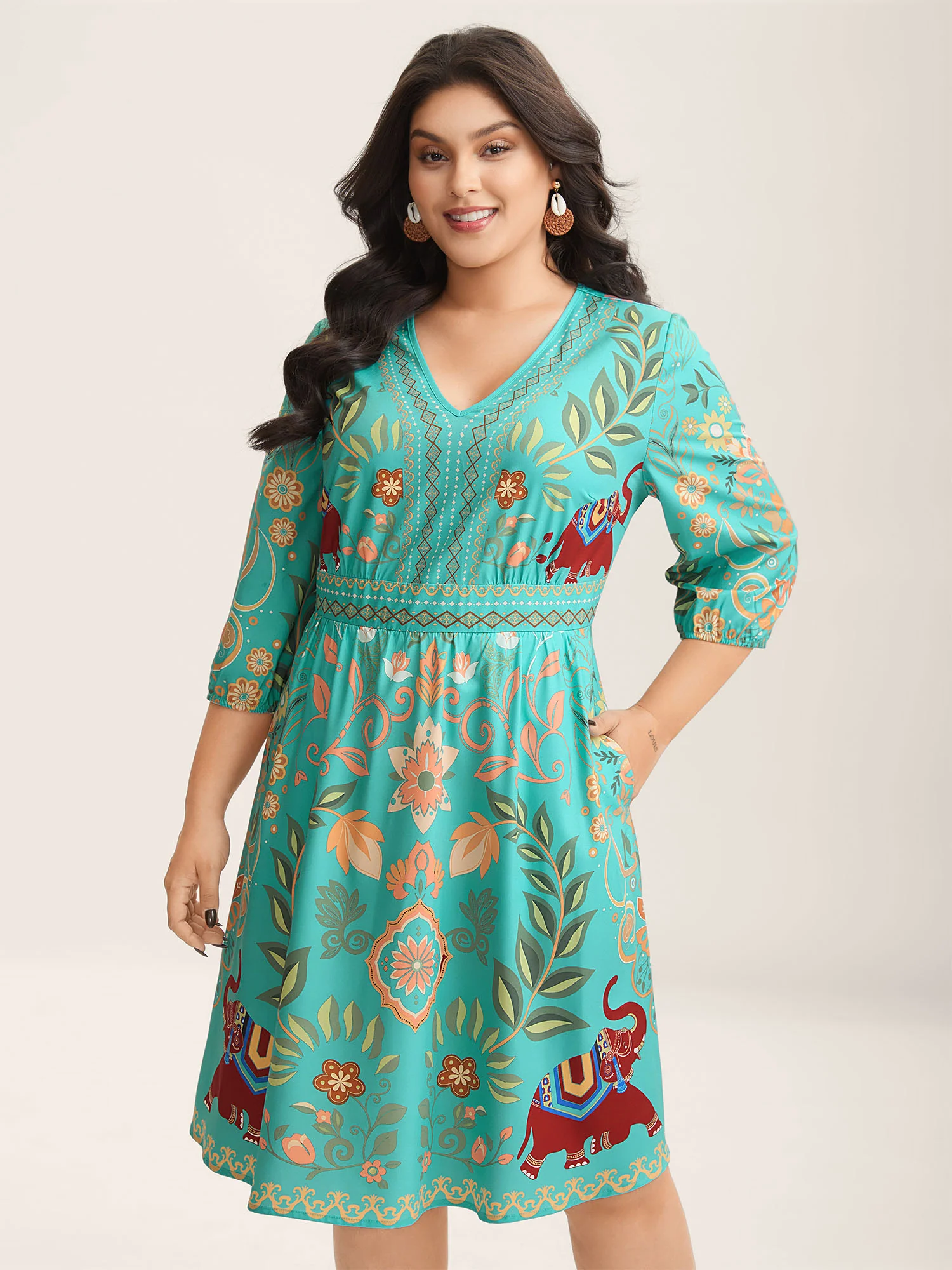Boho Print V-Neck Pockets Mini Dress - Image 16