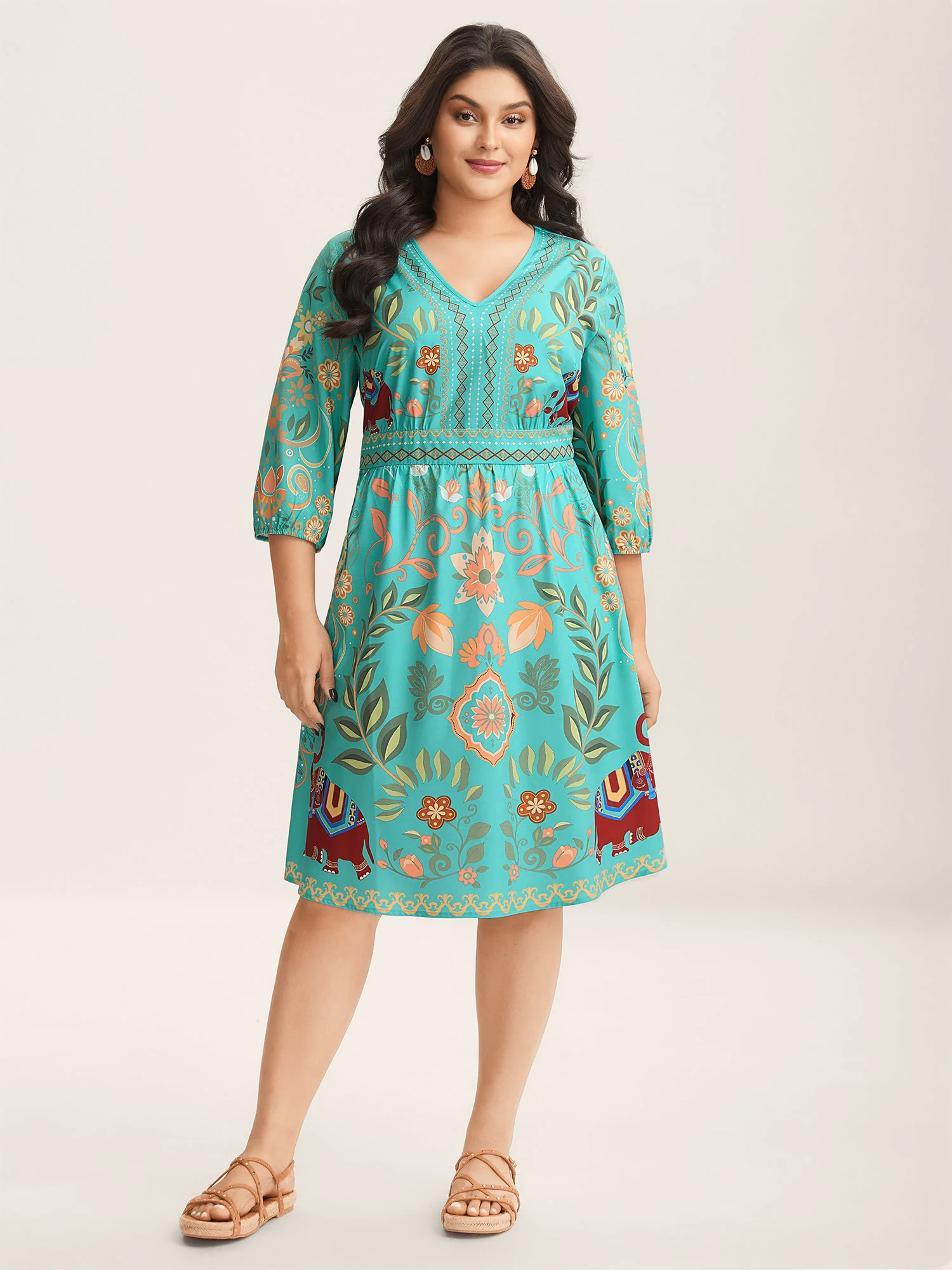 Boho Print V-Neck Pockets Mini Dress - Image 17
