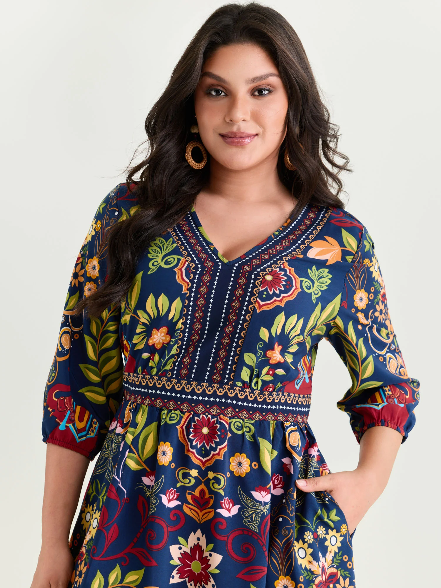 Boho Print V-Neck Pockets Mini Dress - Image 2