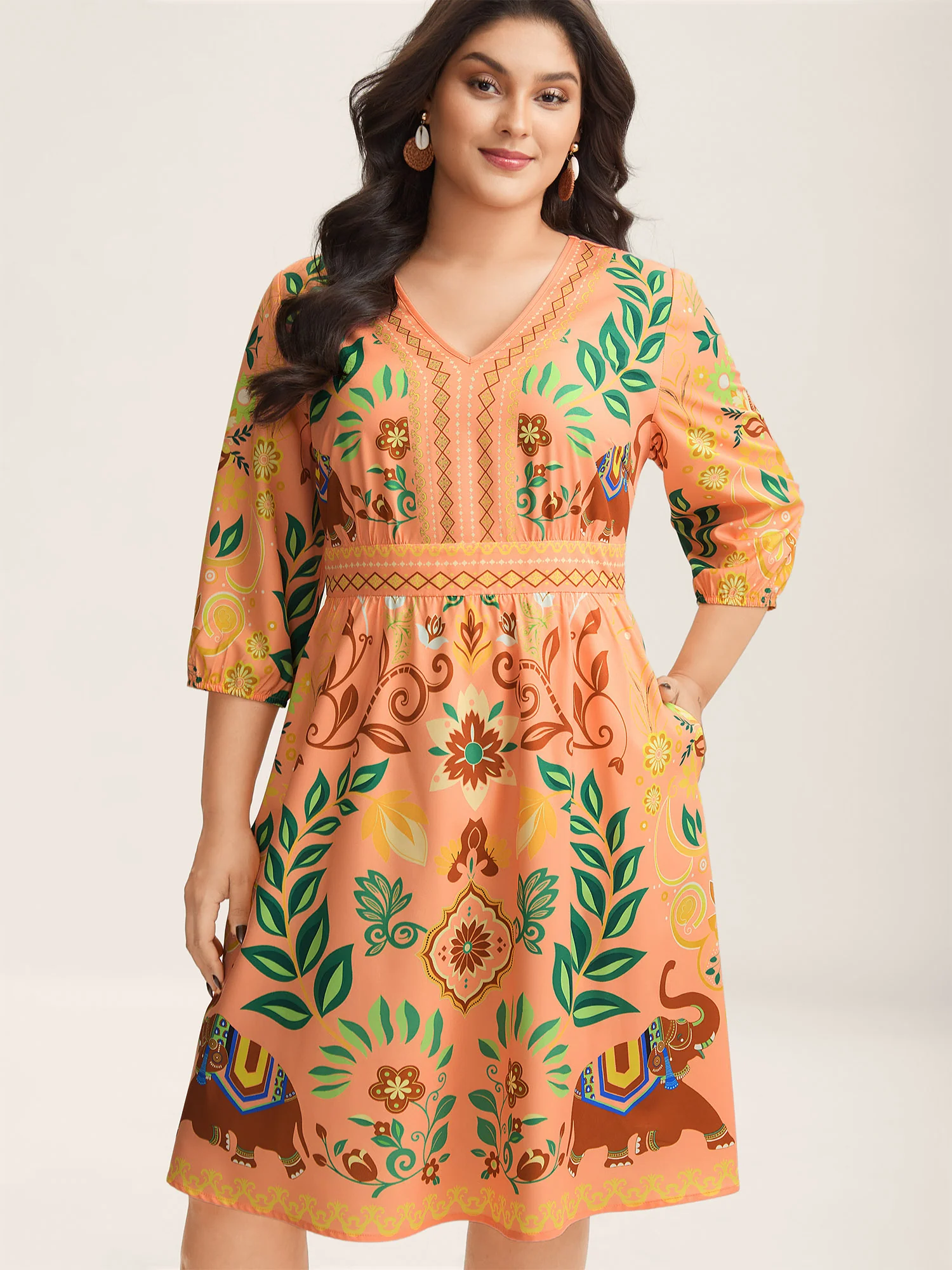 Boho Print V-Neck Pockets Mini Dress - Image 8