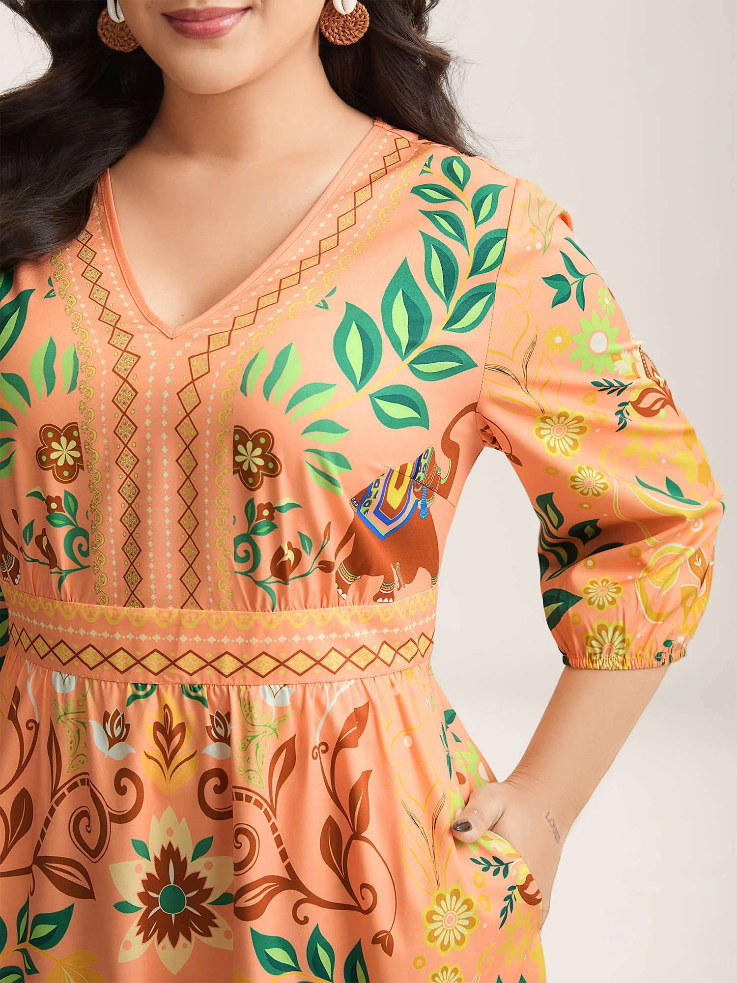 Boho Print V-Neck Pockets Mini Dress - Image 9
