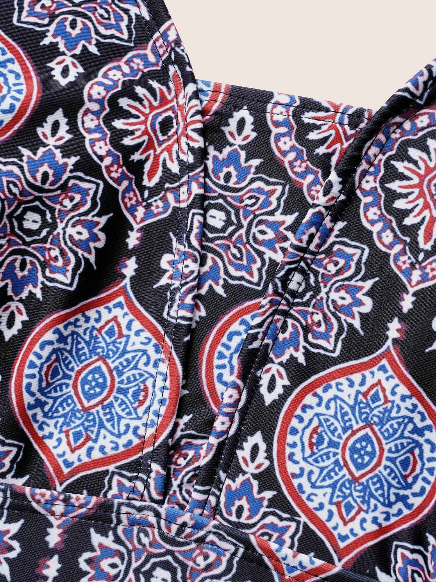 Boho Print V Neck Ruched One Piece Swimsuit - Image 6