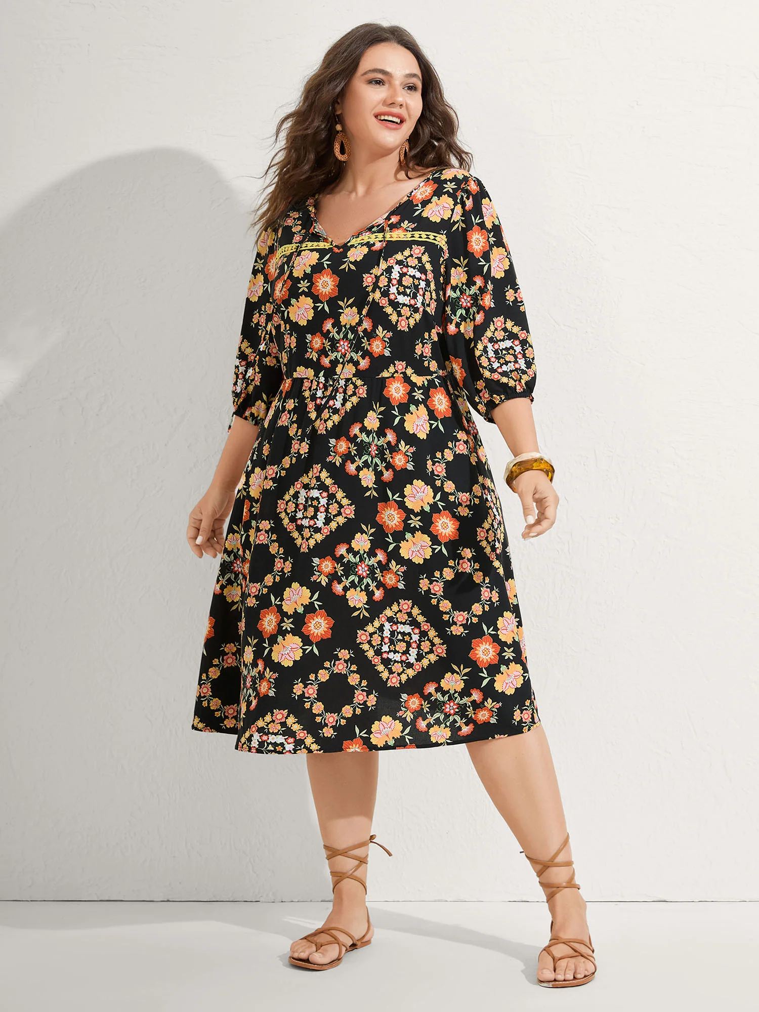 Boho Print Waist Stretchy Midi Dress - Image 3