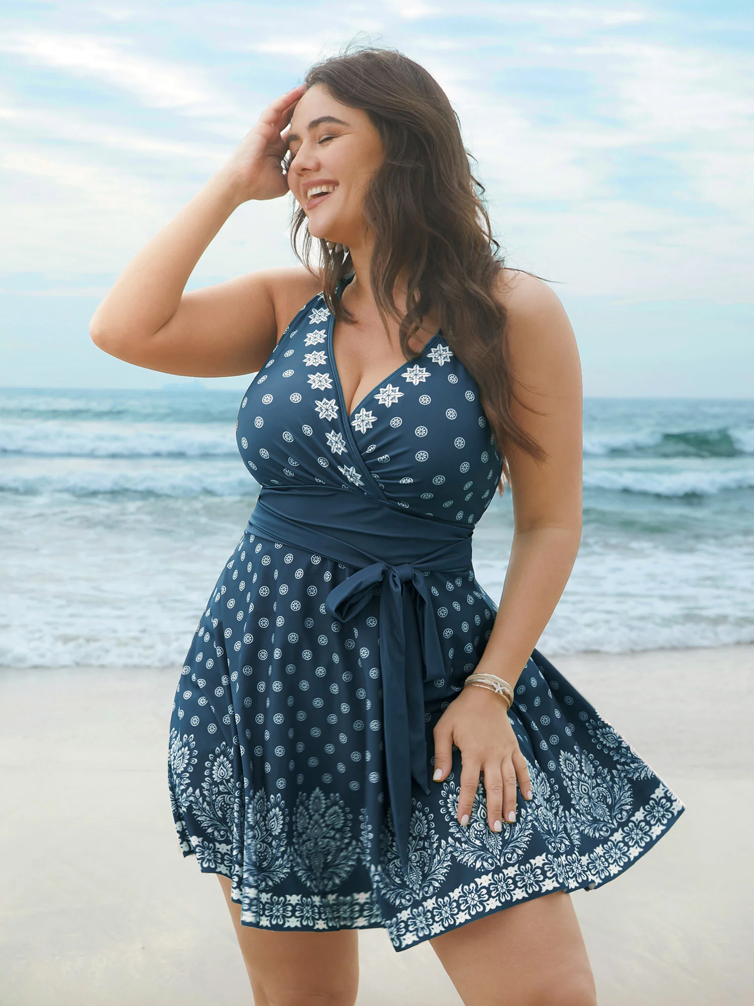 Boho Print Waist-Tie Surplice Neck Swim Dress - Image 10