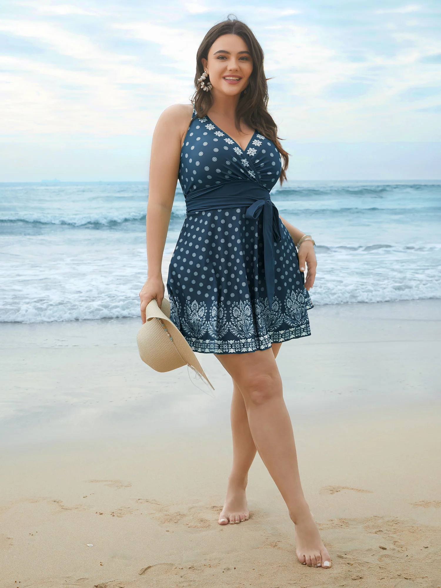 Boho Print Waist-Tie Surplice Neck Swim Dress - Image 13
