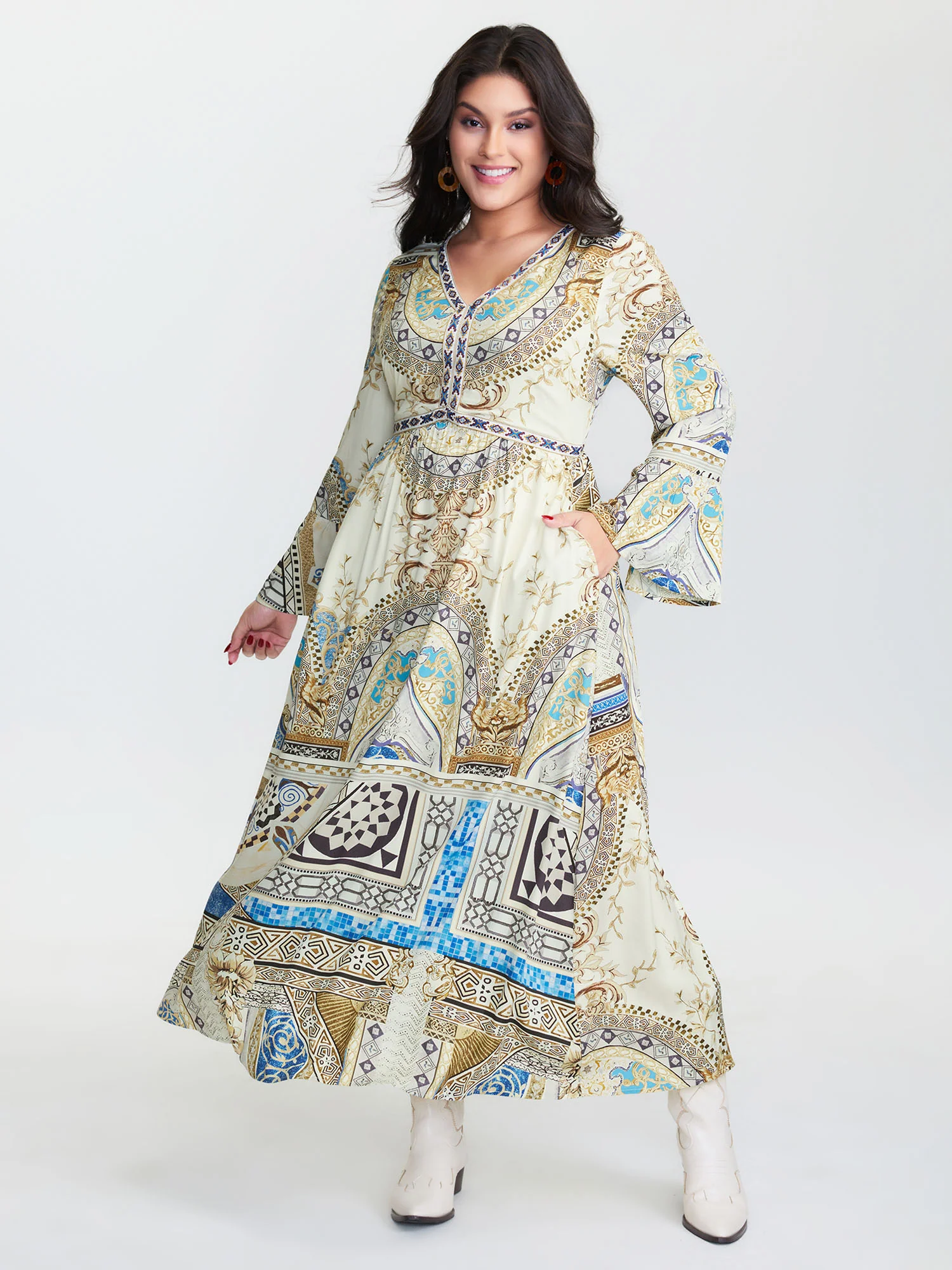Boho Print Webbing Trim V-Neck Maxi Dress - Image 2