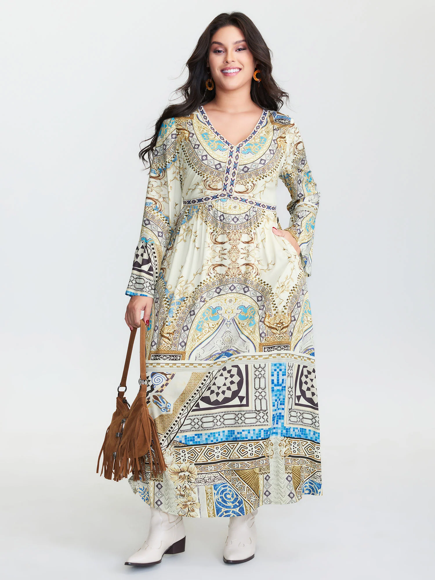 Boho Print Webbing Trim V-Neck Maxi Dress - Image 3