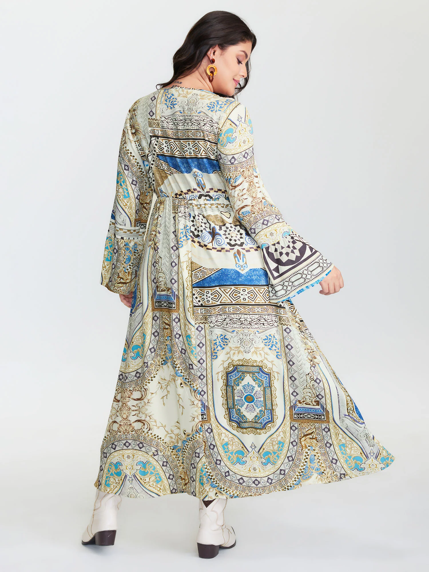 Boho Print Webbing Trim V-Neck Maxi Dress - Image 4