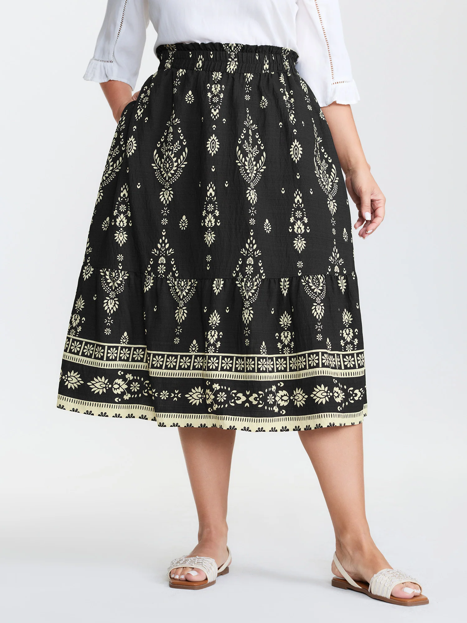 Boho Print Wide Waistband Midi Skirt - Image 2