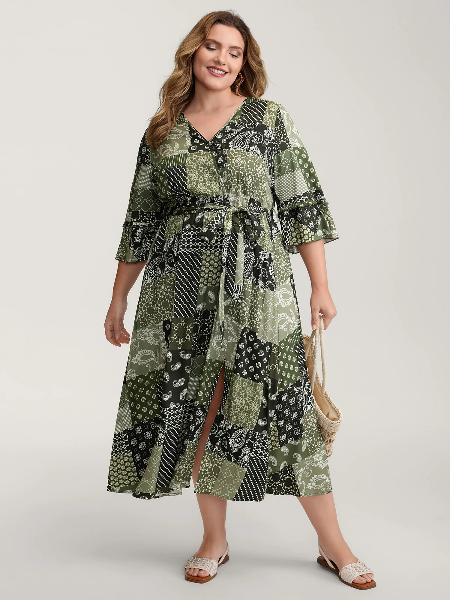 Boho Print Wrap Neckline Belted Maxi Dress - Image 3