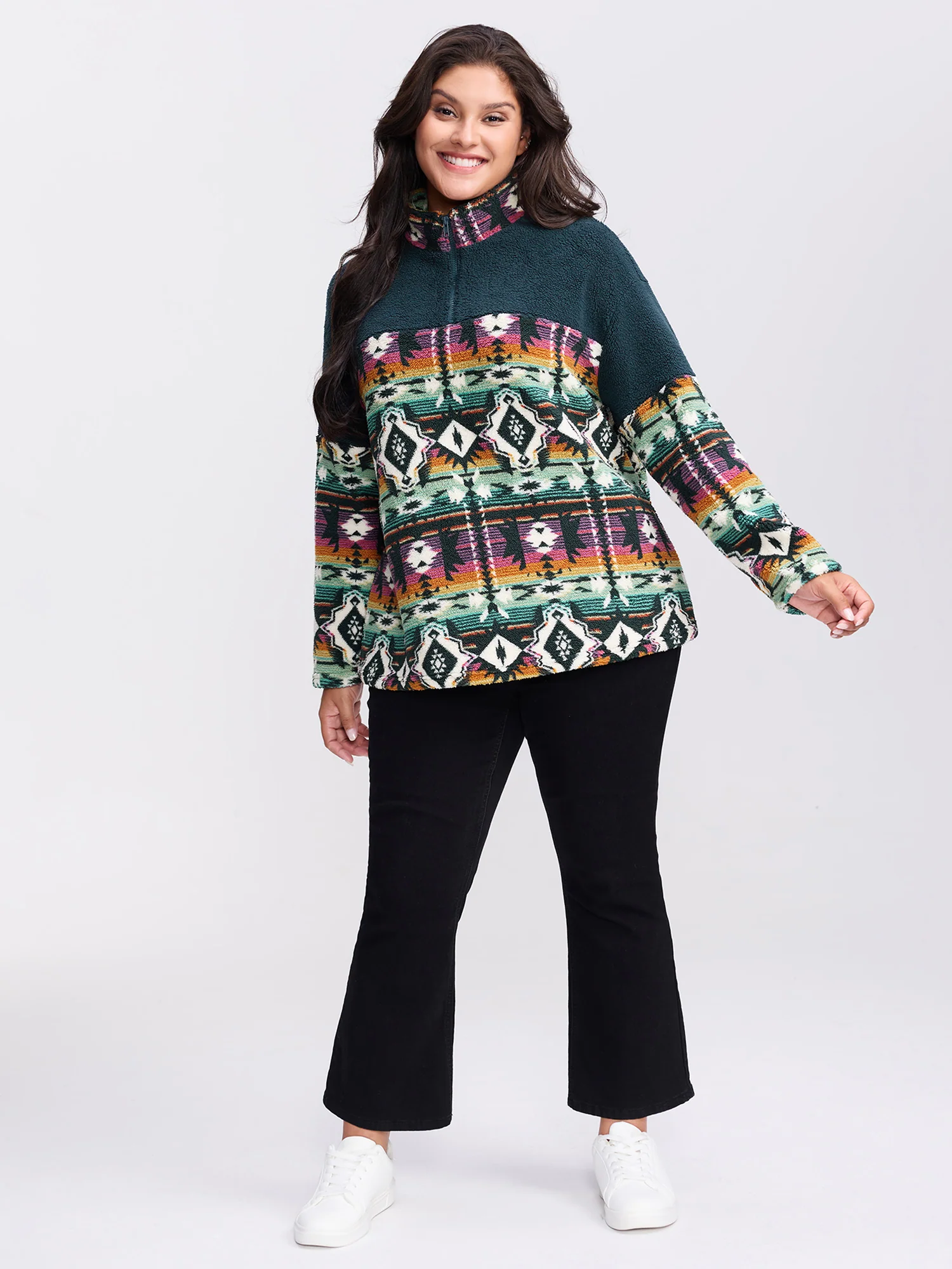 Boho Print Zipper Front Sweatshirt - Image 3