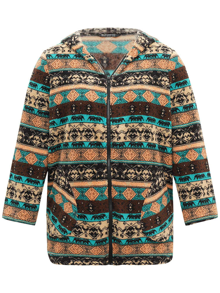 Boho Print Zipper Pocket Hooded Jacket - Image 10