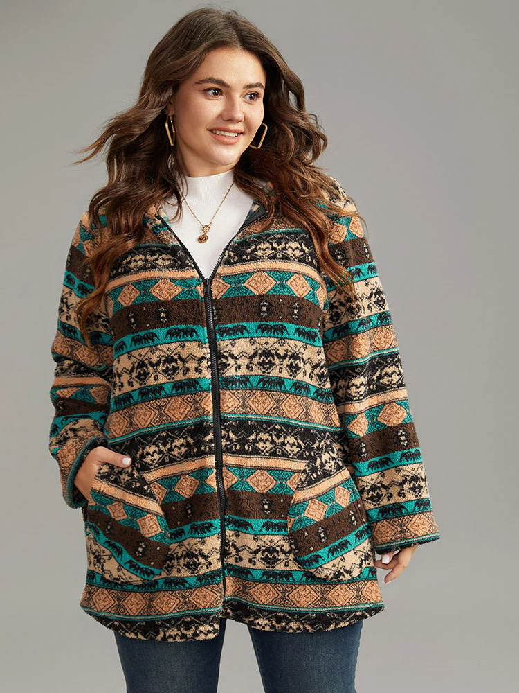 Boho Print Zipper Pocket Hooded Jacket - Image 2
