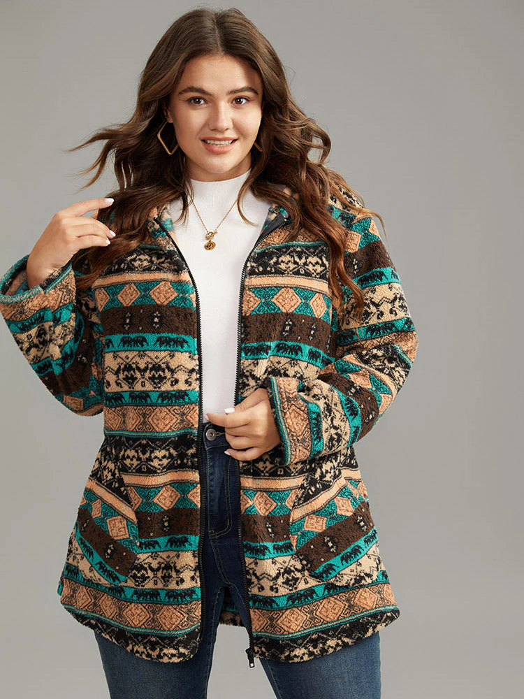 Boho Print Zipper Pocket Hooded Jacket - Image 3