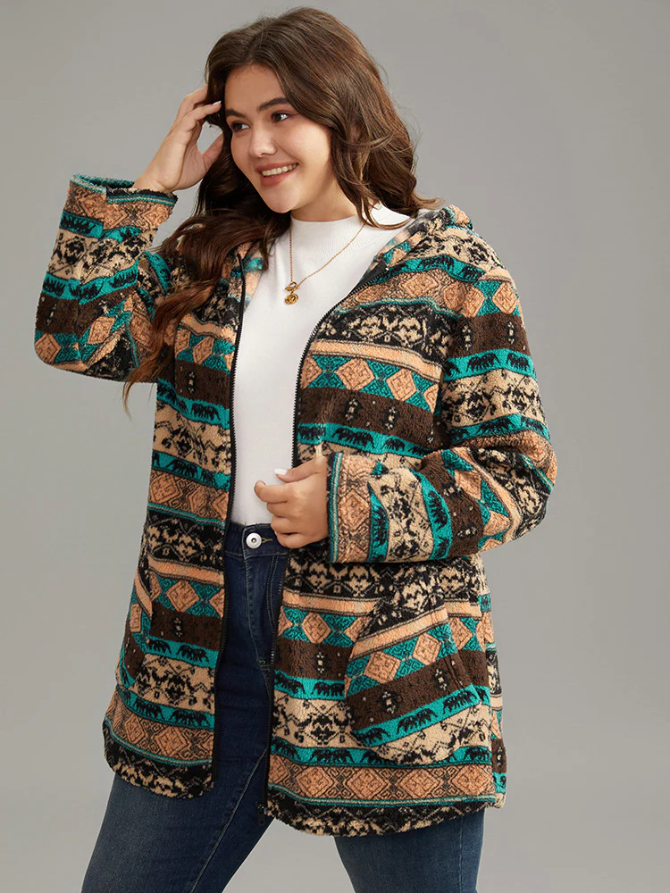 Boho Print Zipper Pocket Hooded Jacket - Image 4