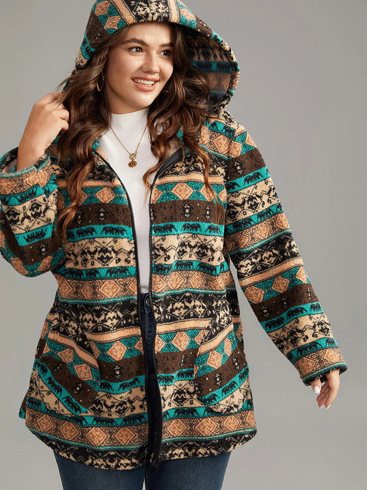 Boho Print Zipper Pocket Hooded Jacket - Image 5