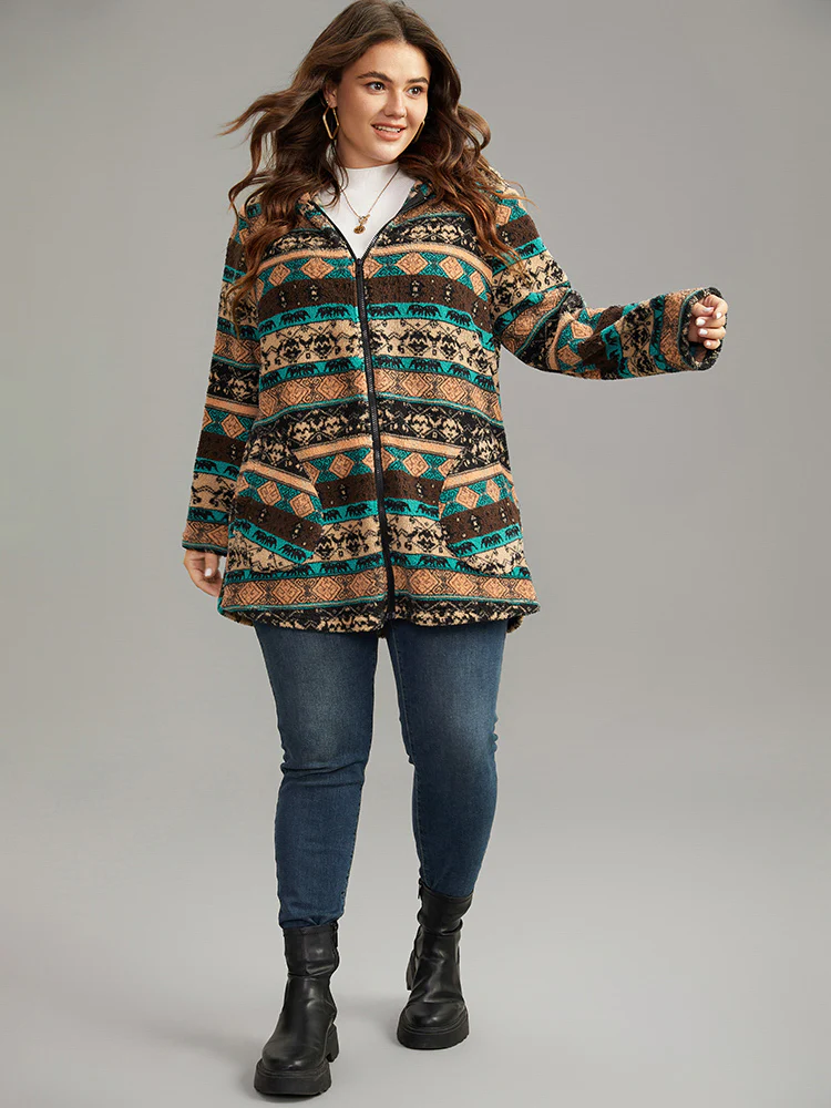 Boho Print Zipper Pocket Hooded Jacket - Image 6