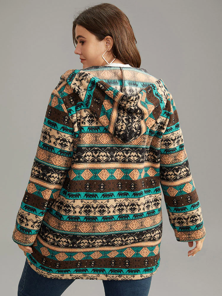 Boho Print Zipper Pocket Hooded Jacket - Image 7