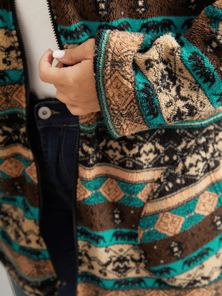 Boho Print Zipper Pocket Hooded Jacket - Image 8