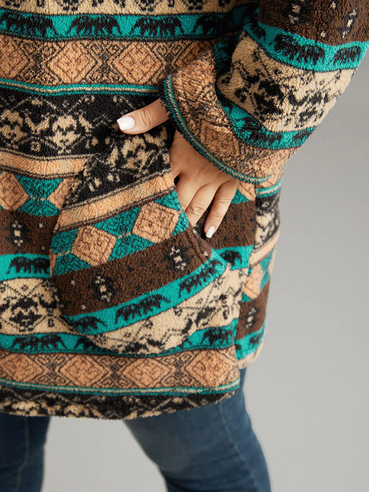 Boho Print Zipper Pocket Hooded Jacket - Image 9
