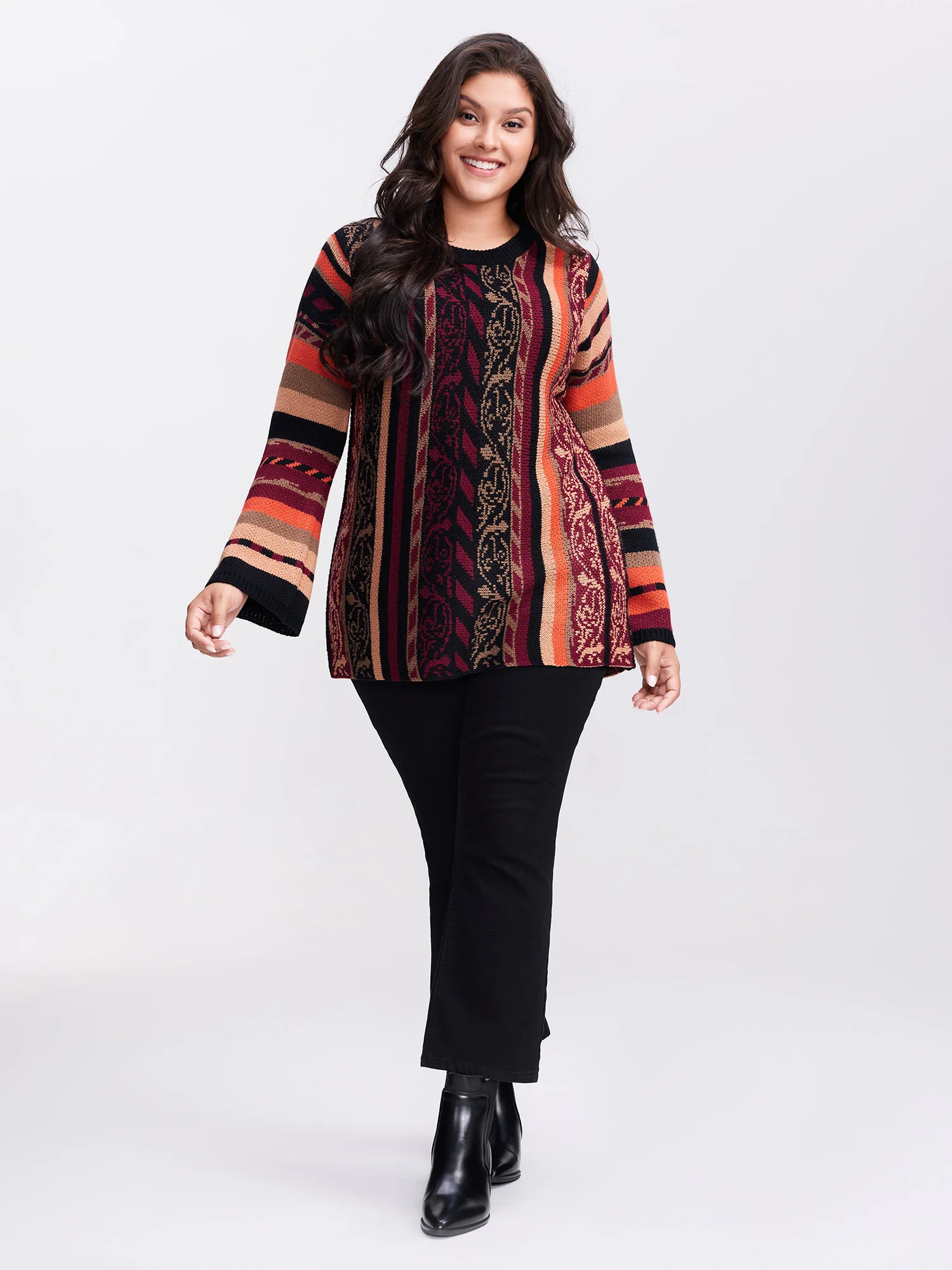 Boho Stripe Flared Sleeve Stretchy Pullover - Image 10